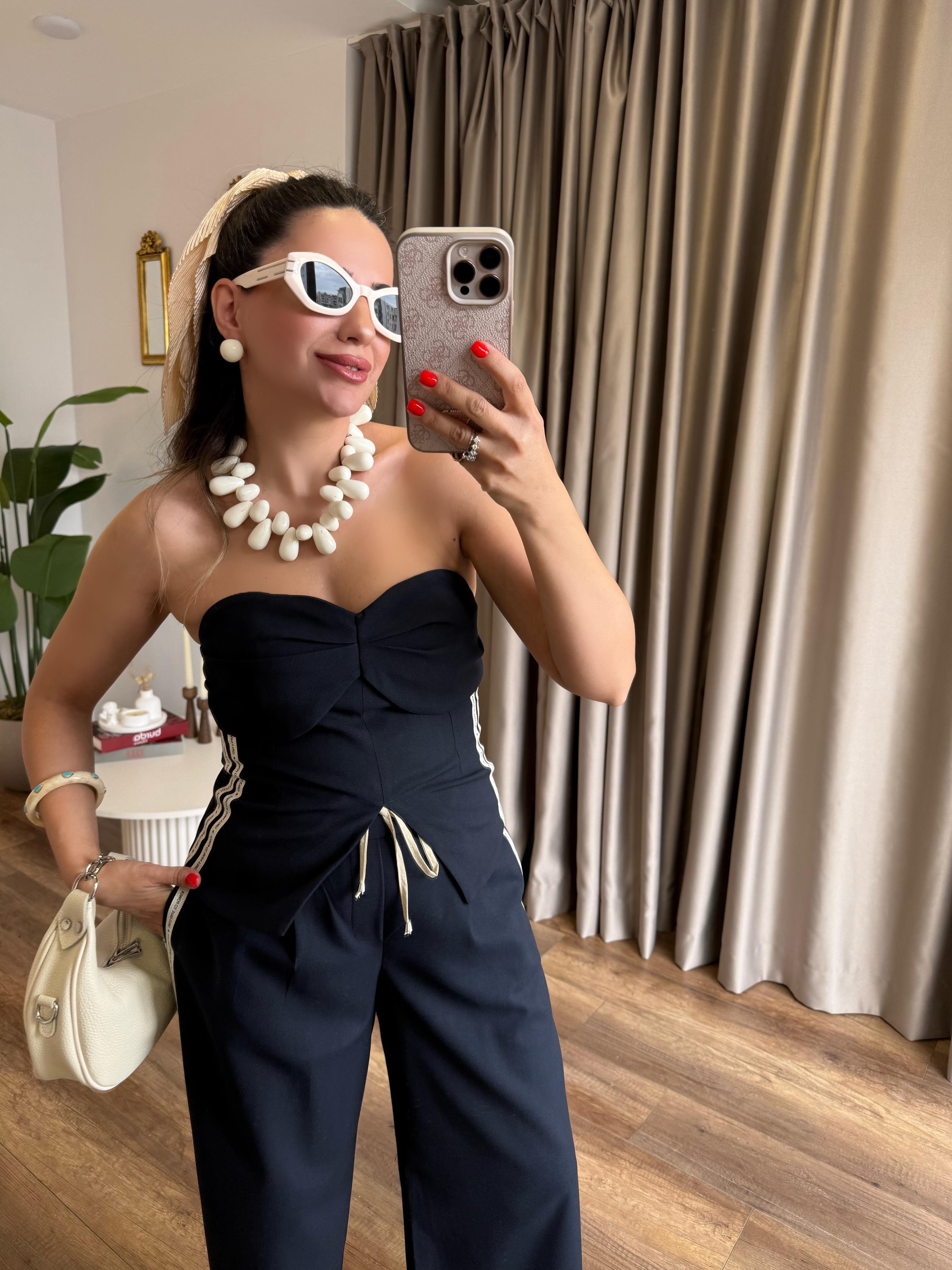 9719 Yandan Çizgili Straplez Bluz Pantolon Takım