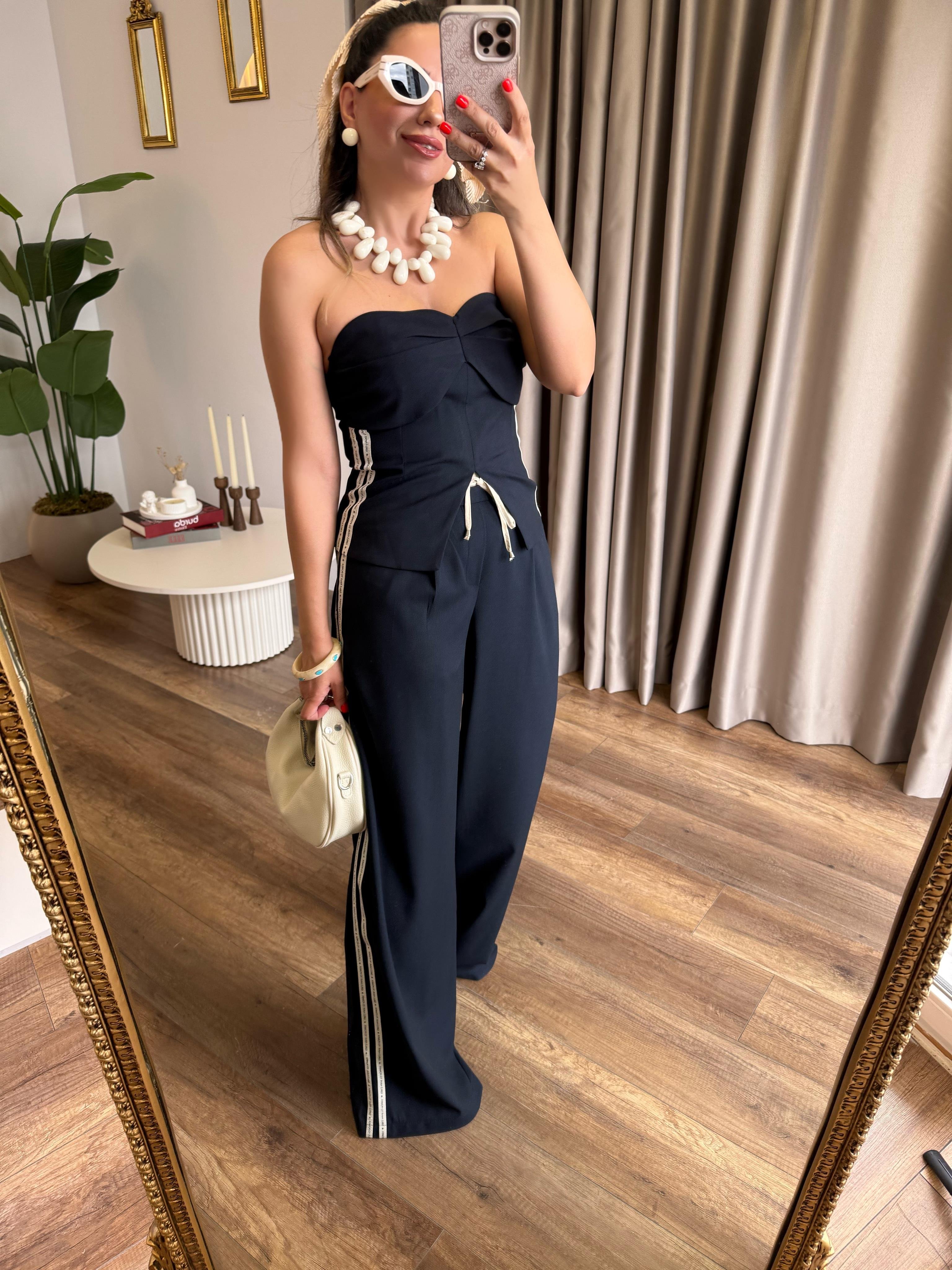 9719 Yandan Çizgili Straplez Bluz Pantolon Takım