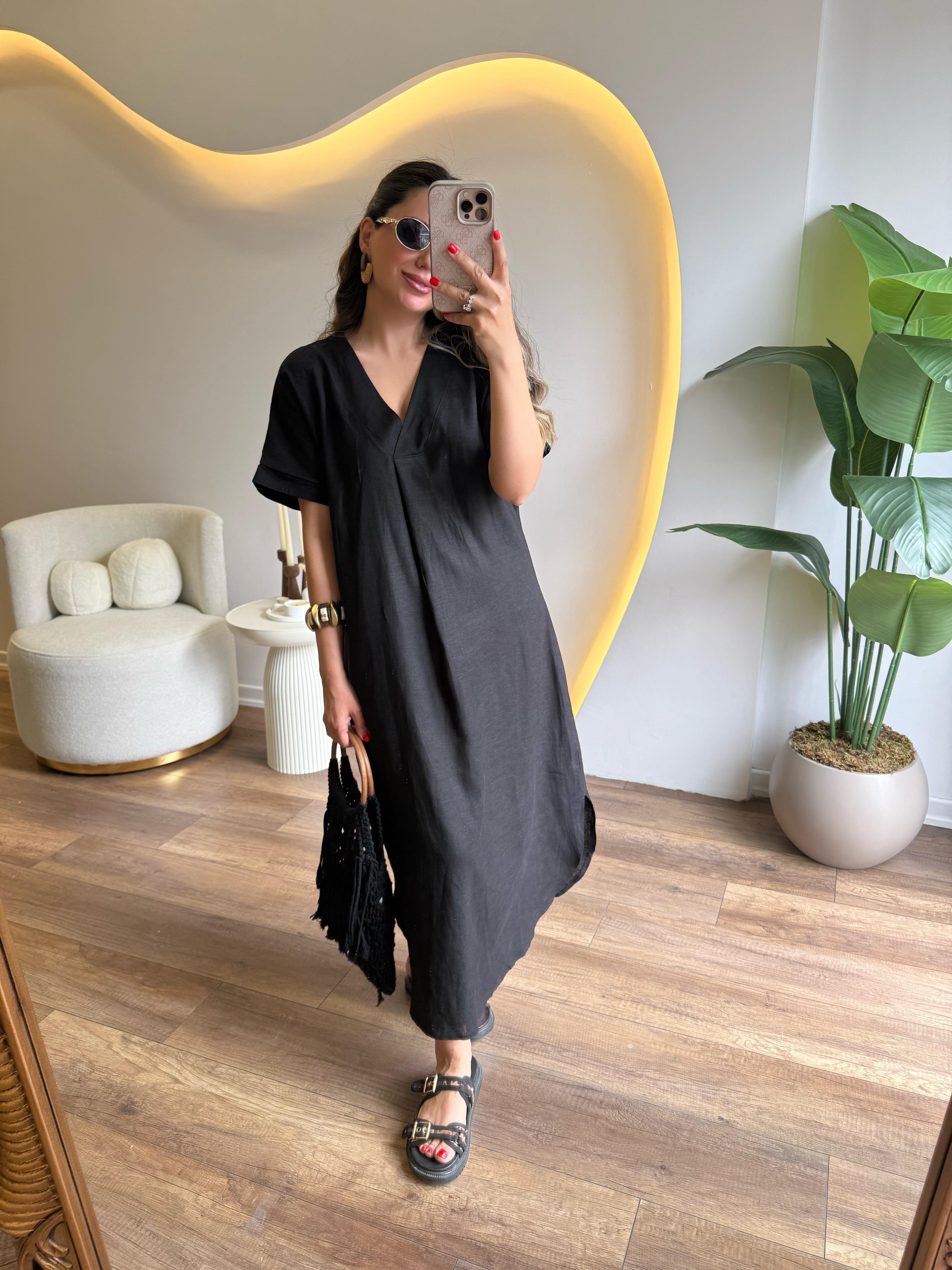 9726 V Yaka Keten Elbise