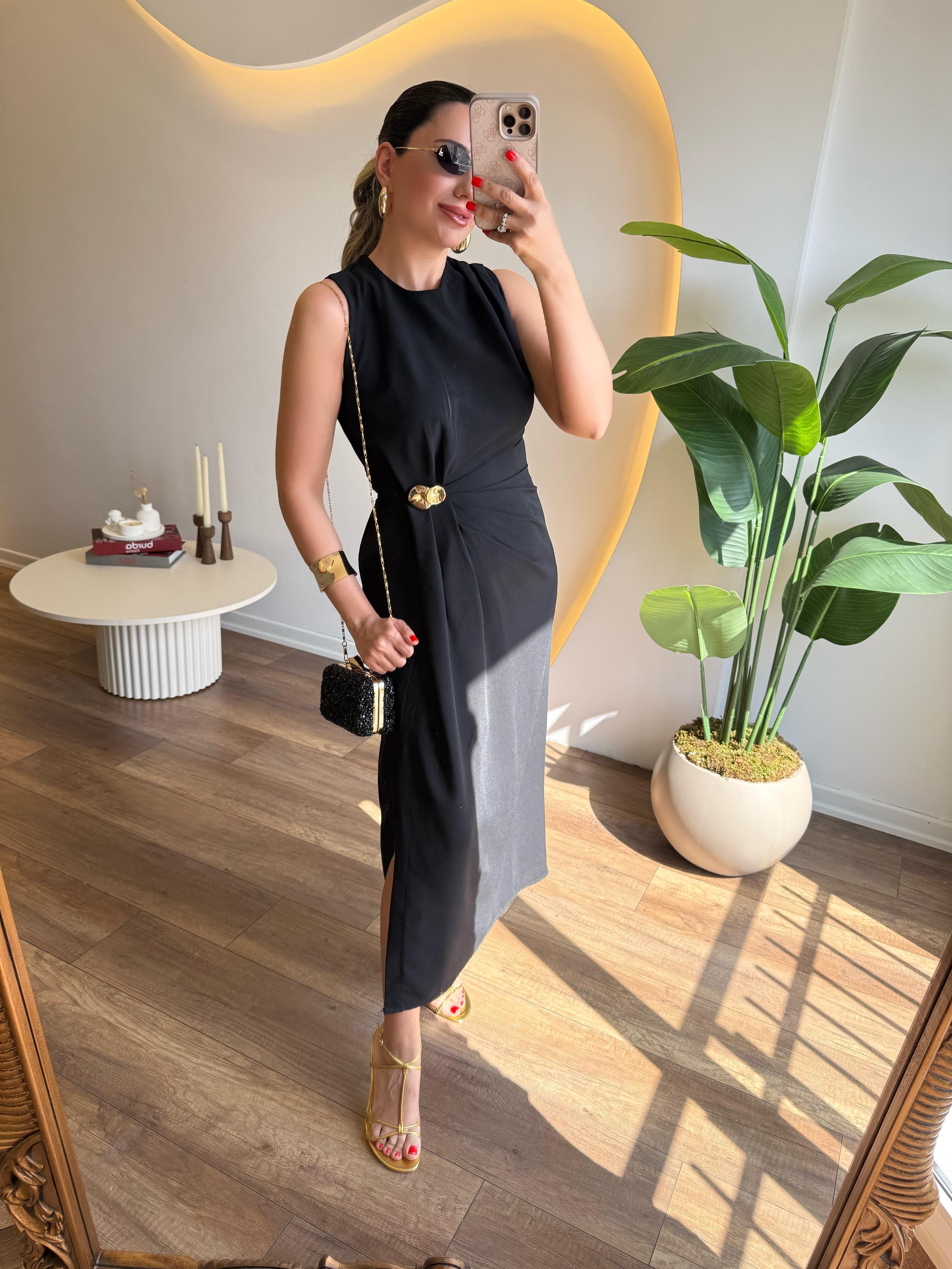 9752 Gold Tokalı  Elbise