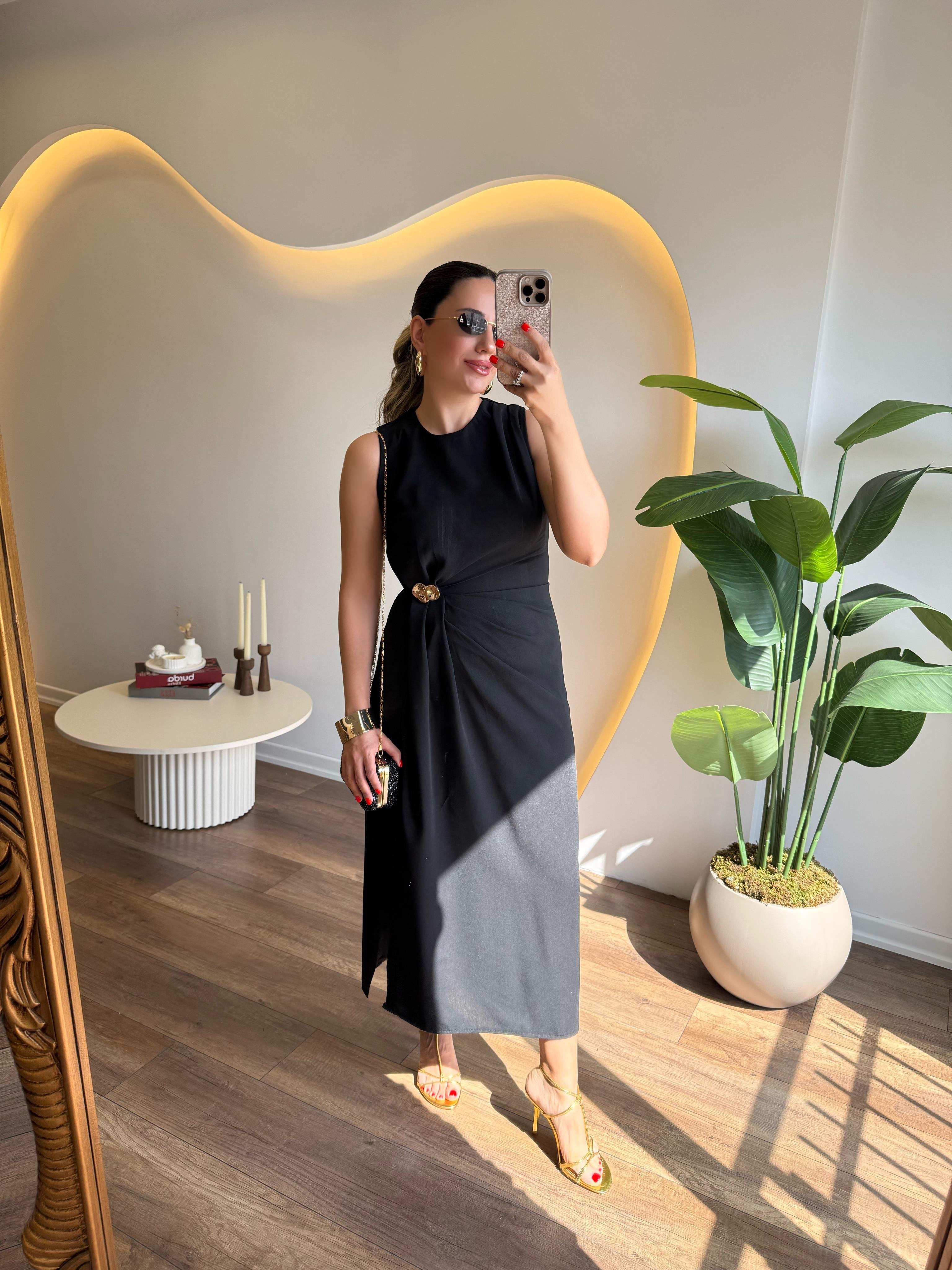 9752 Gold Tokalı  Elbise