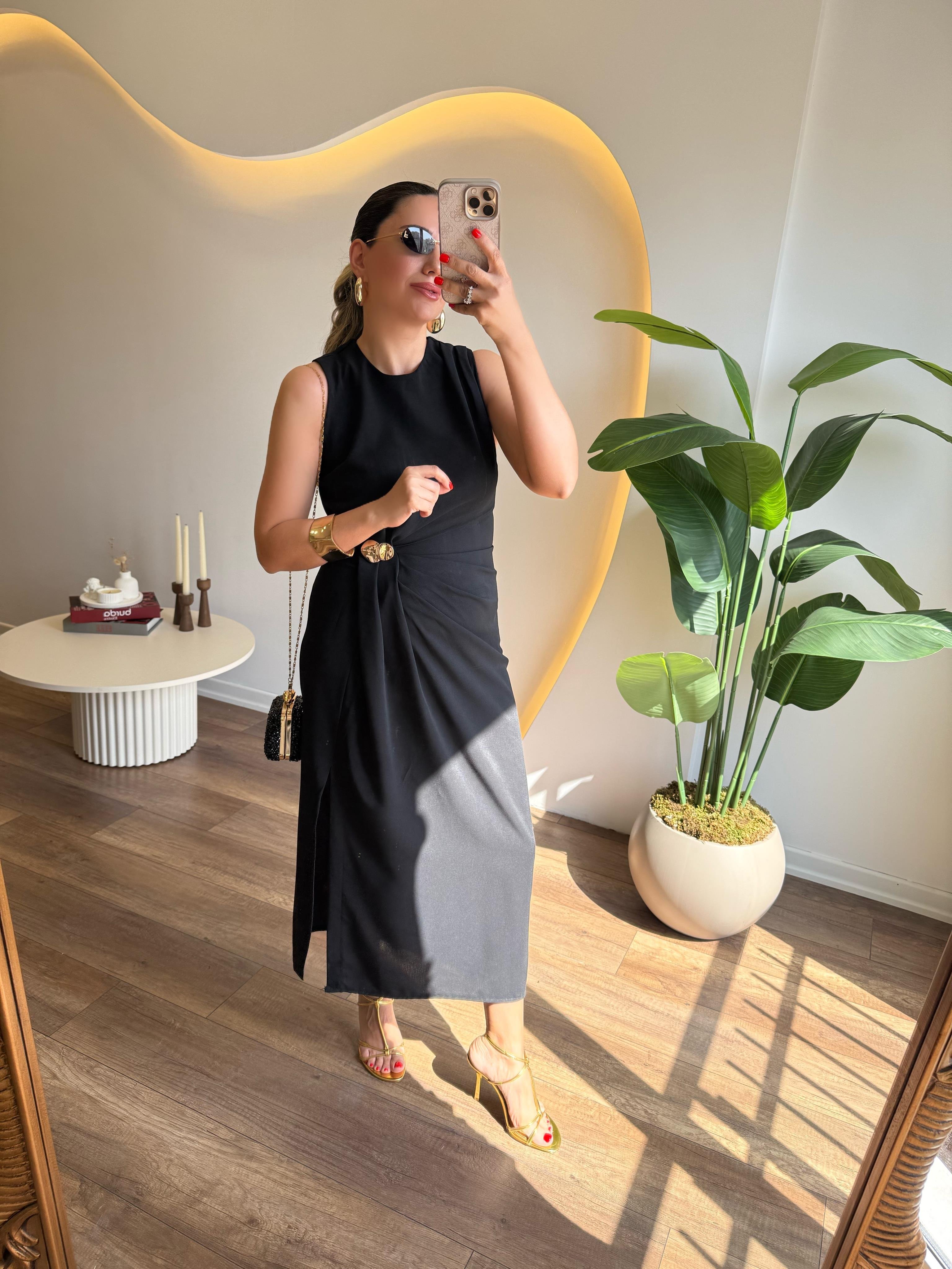 9752 Gold Tokalı  Elbise