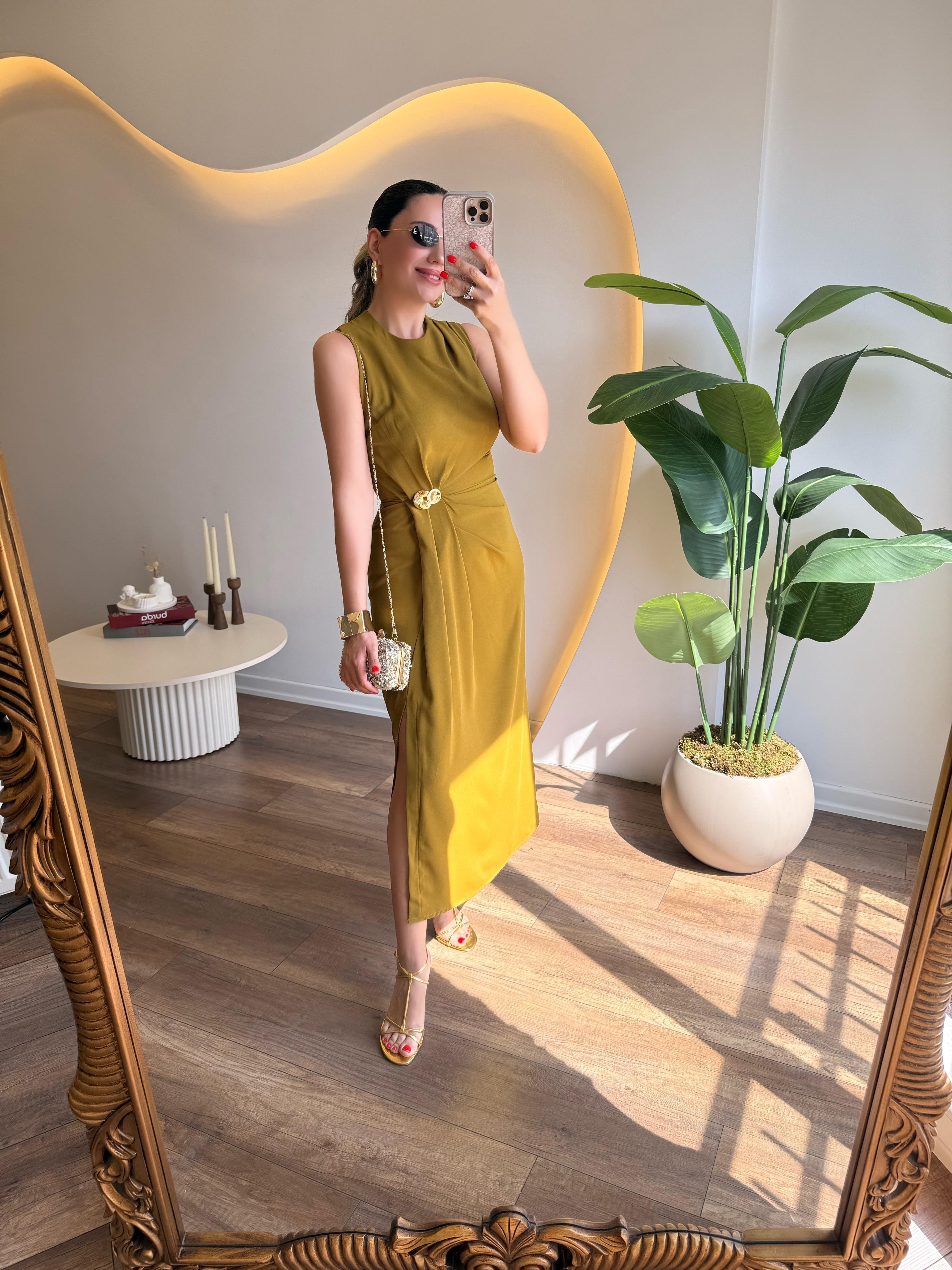 9752 Gold Tokalı  Elbise