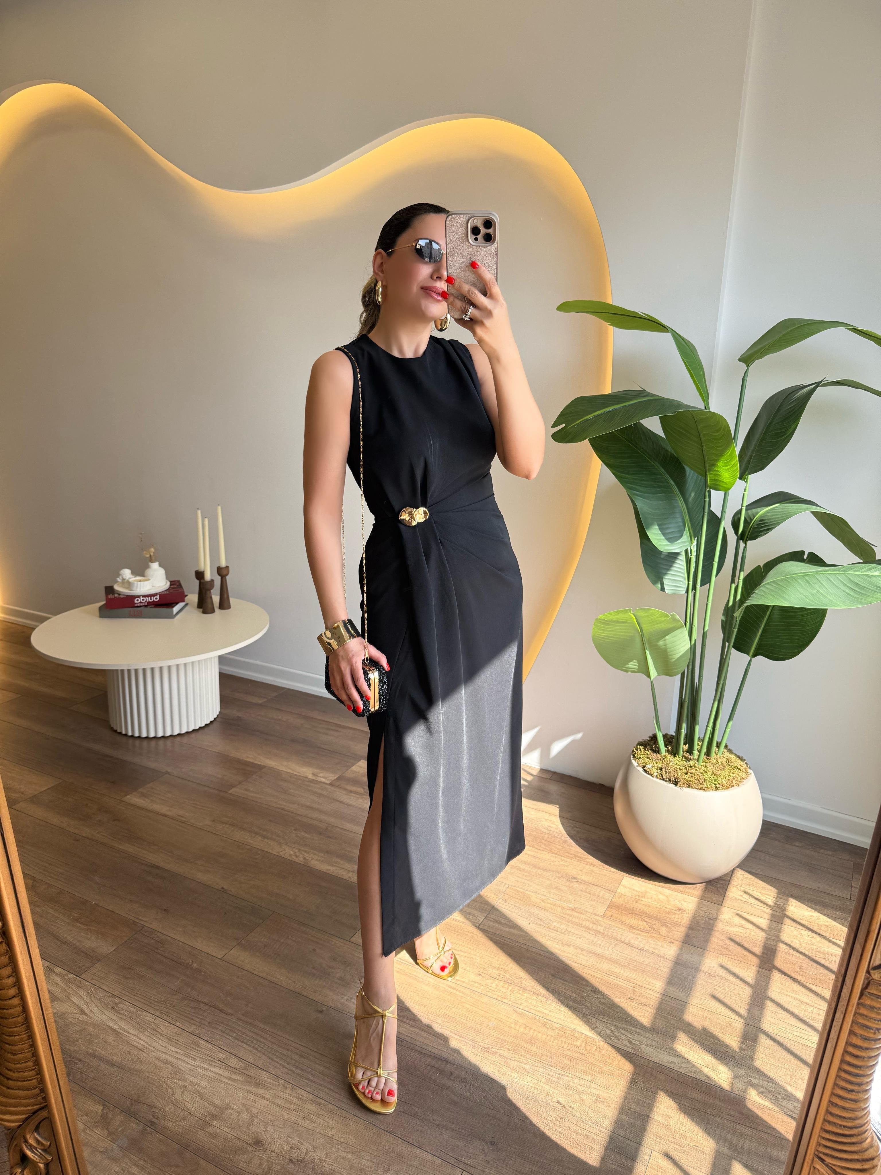 9752 Gold Tokalı  Elbise