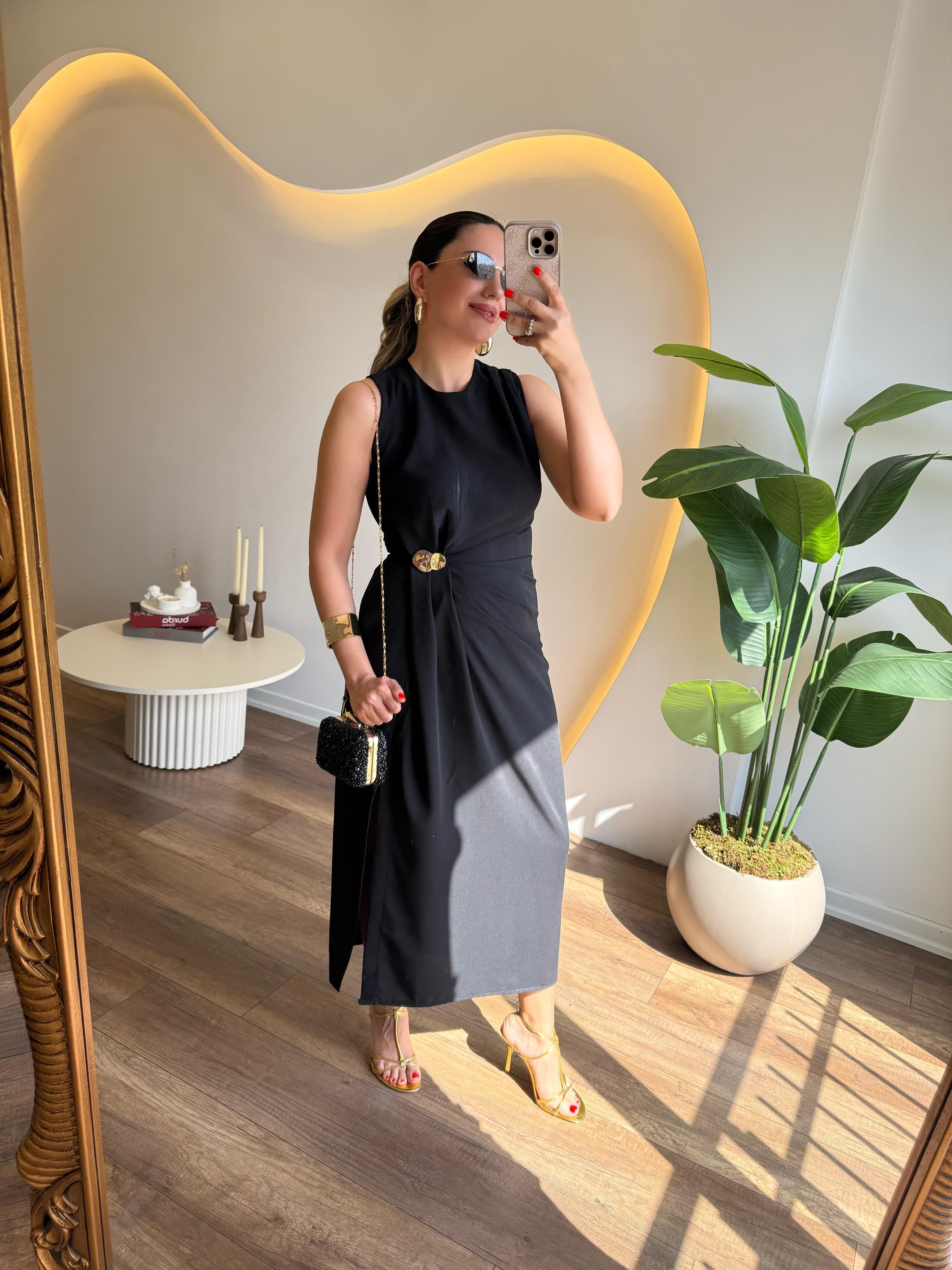 9752 Gold Tokalı  Elbise