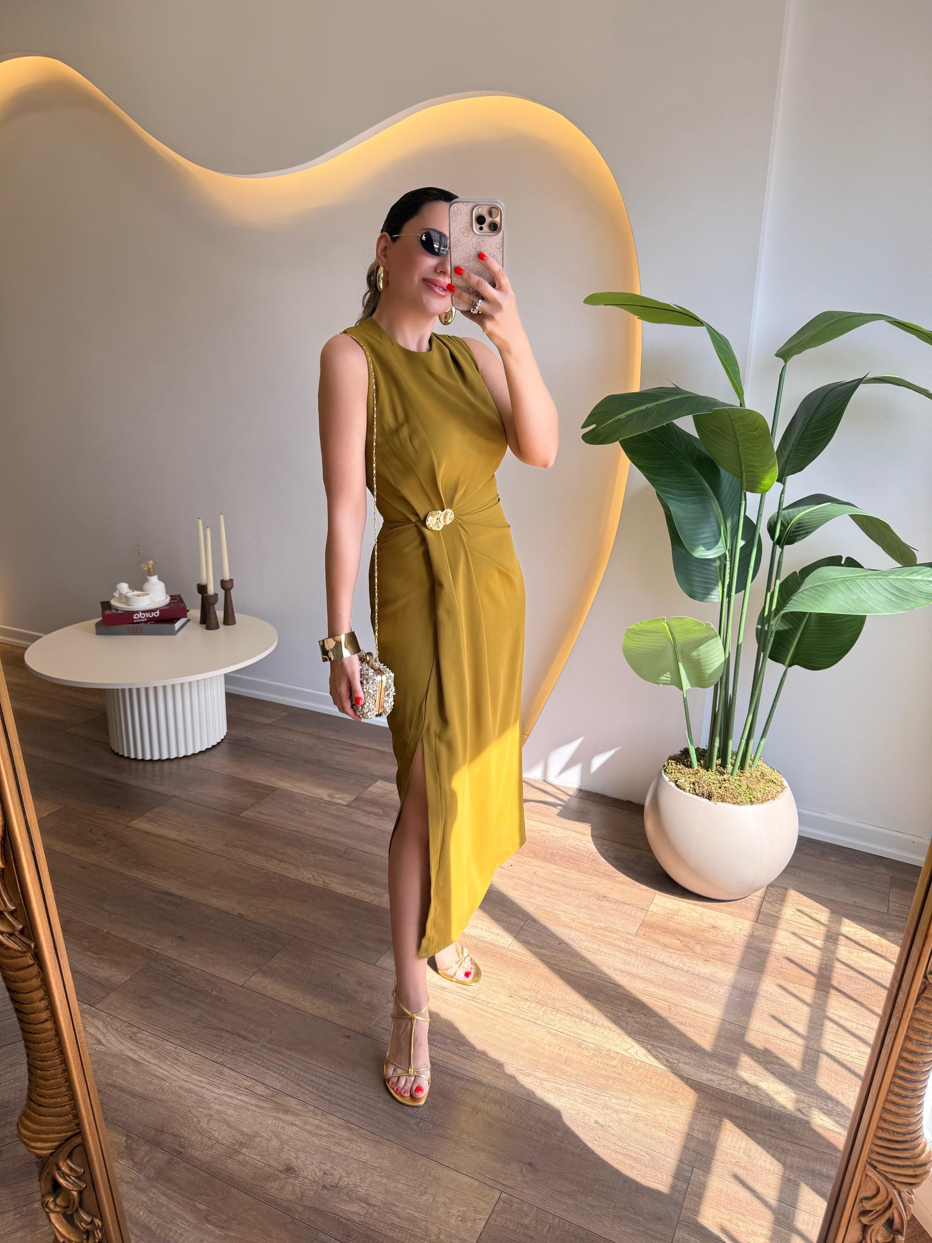 9752 Gold Tokalı  Elbise