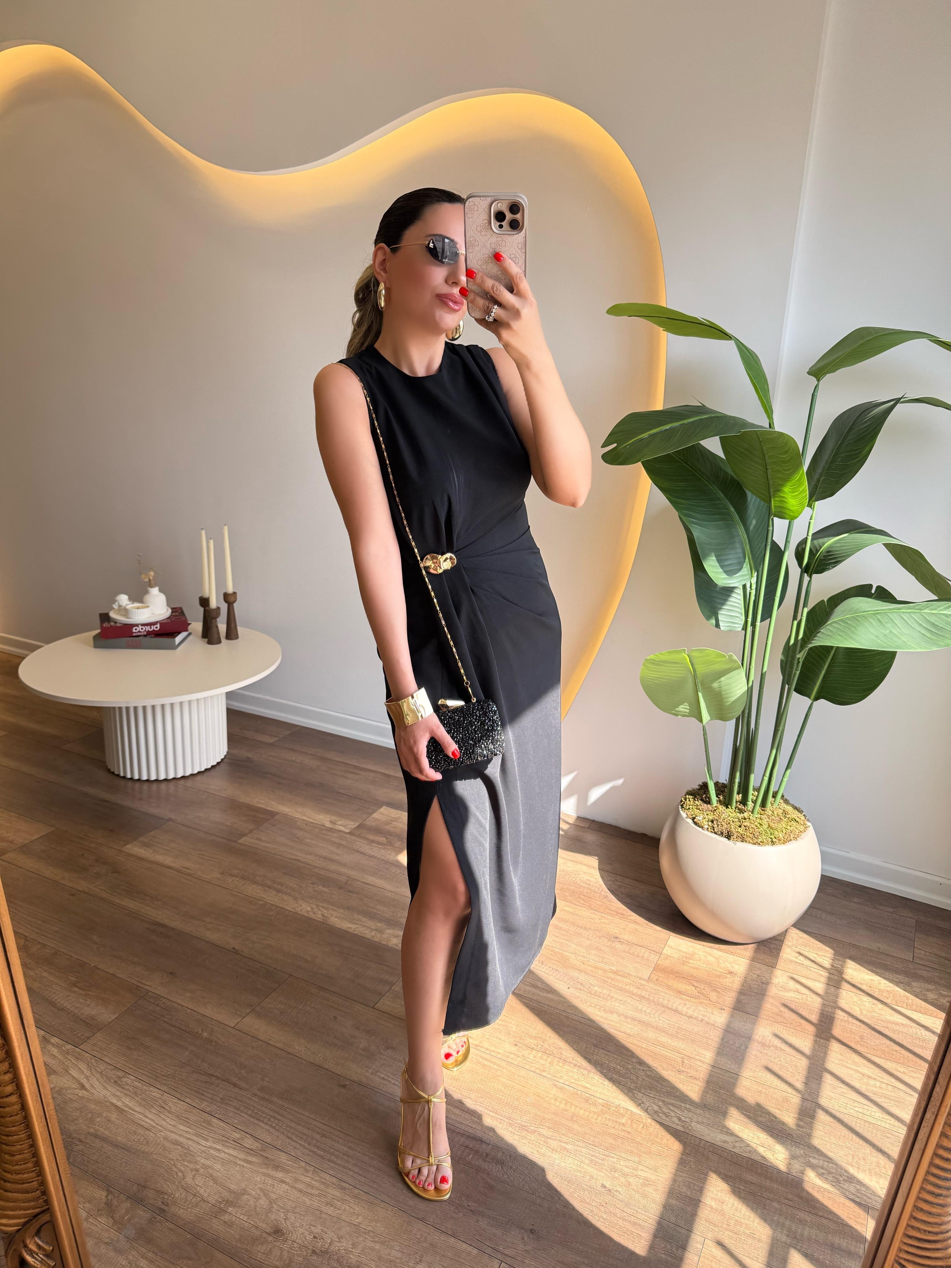 9752 Gold Tokalı  Elbise