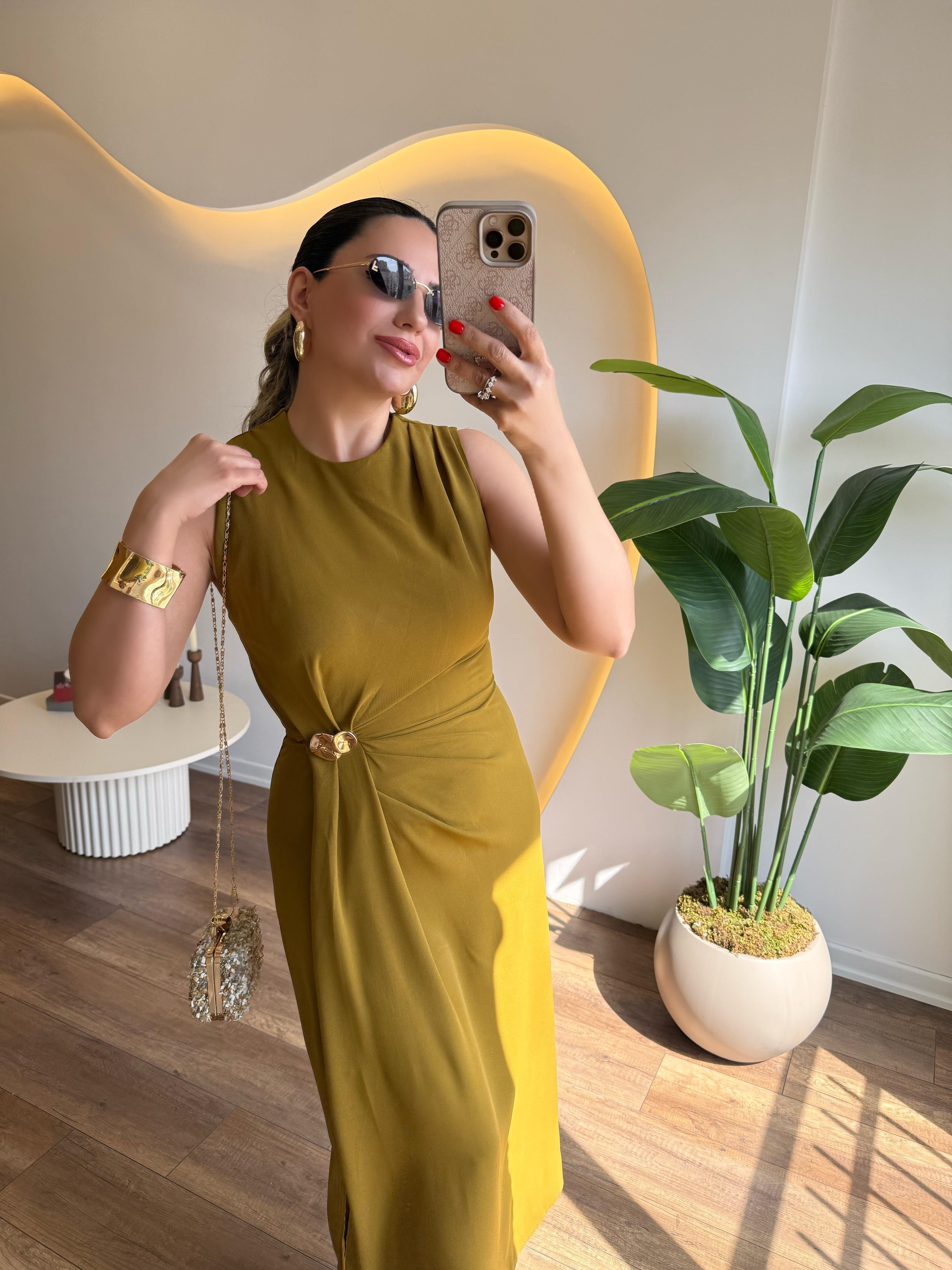 9752 Gold Tokalı  Elbise