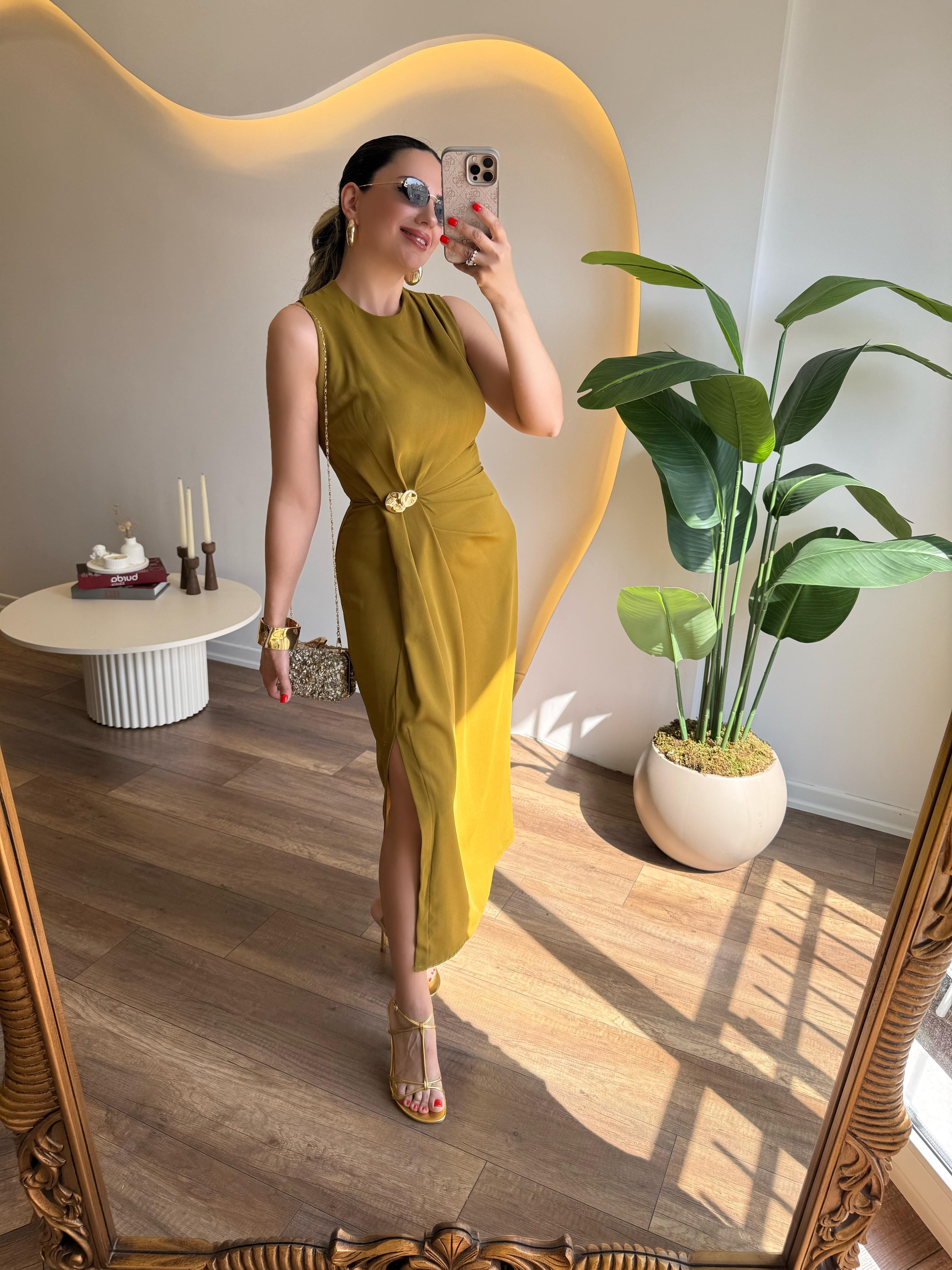 9752 Gold Tokalı  Elbise