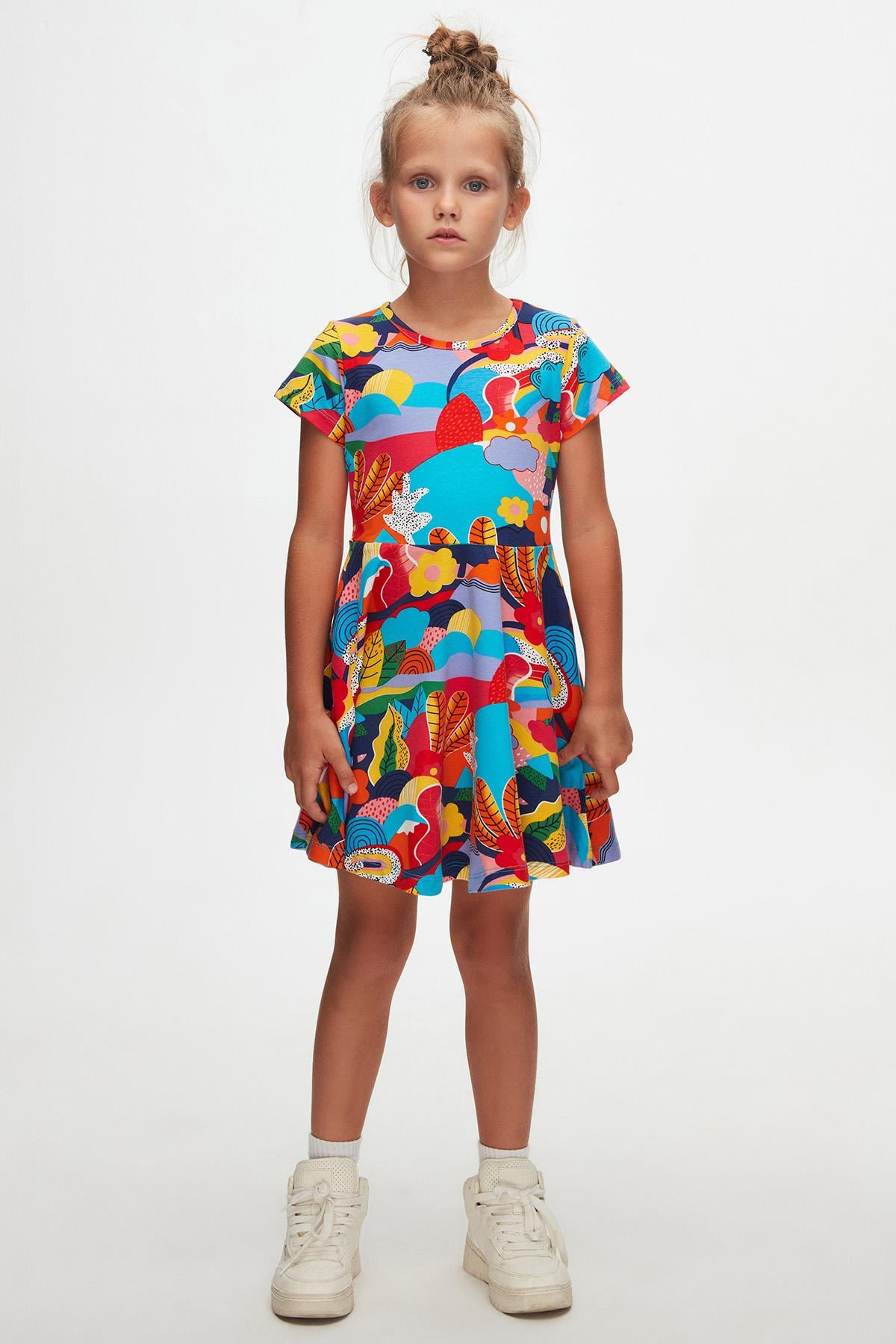 9777 Kids Yarım Kol Desenli Elbise 5-8 Yaş