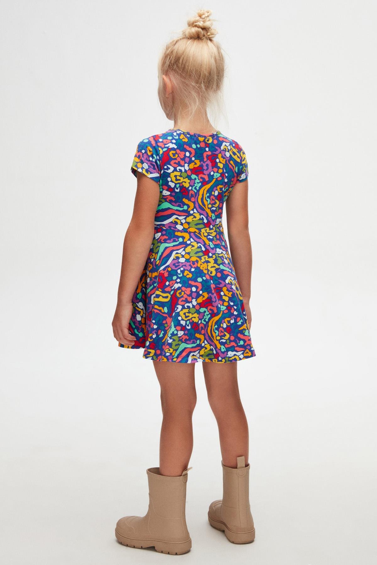 9777 Kids Yarım Kol Desenli Elbise 5-8 Yaş