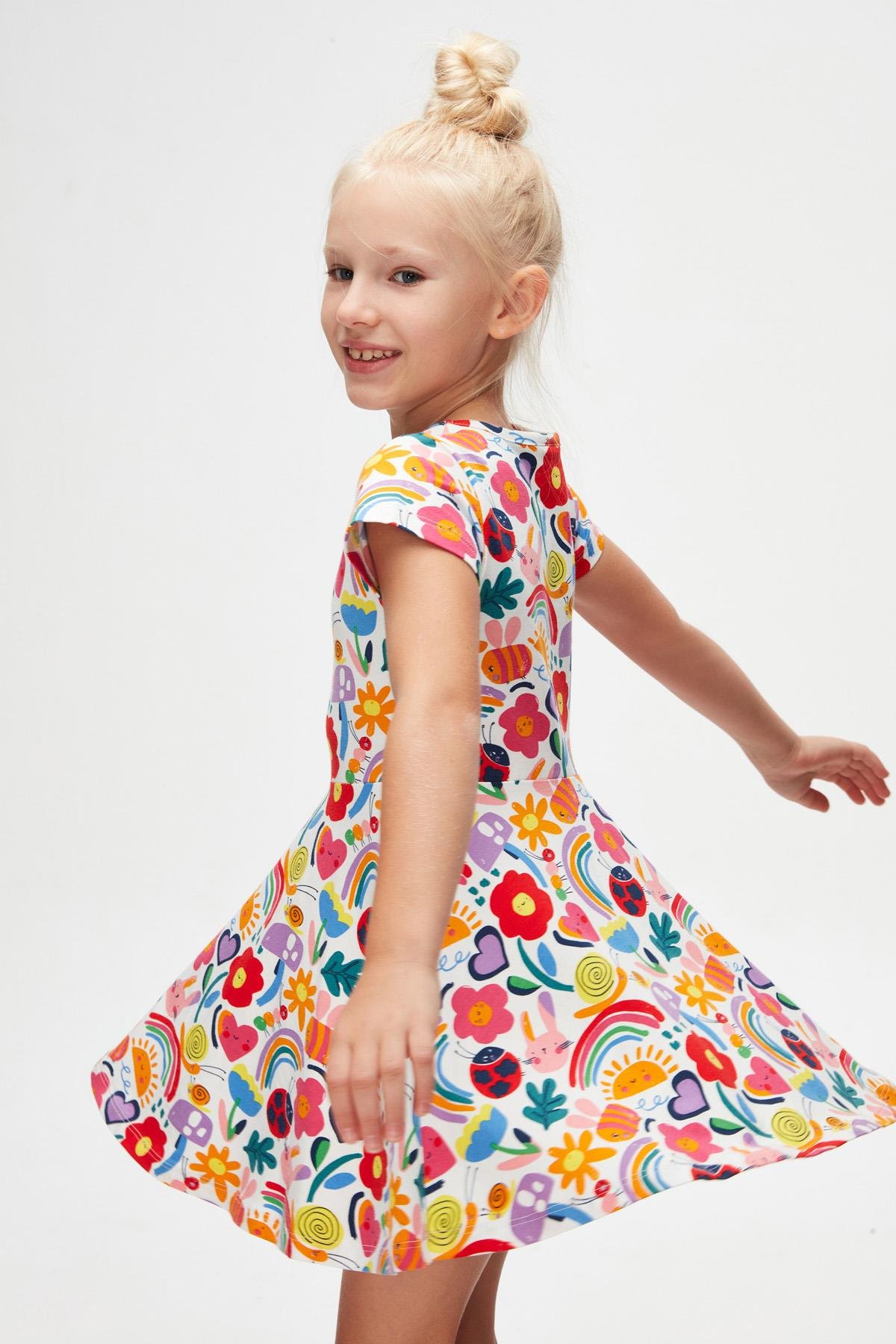 9777 Kids Yarım Kol Desenli Elbise 5-8 Yaş