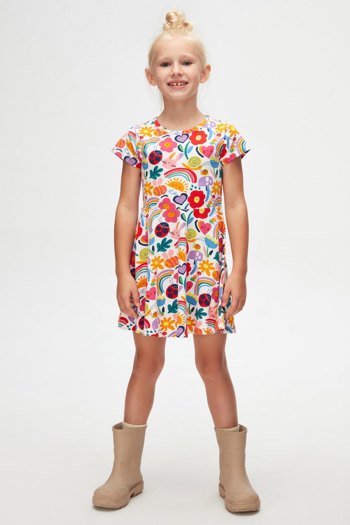 9777 Kids Yarım Kol Desenli Elbise 5-8 Yaş