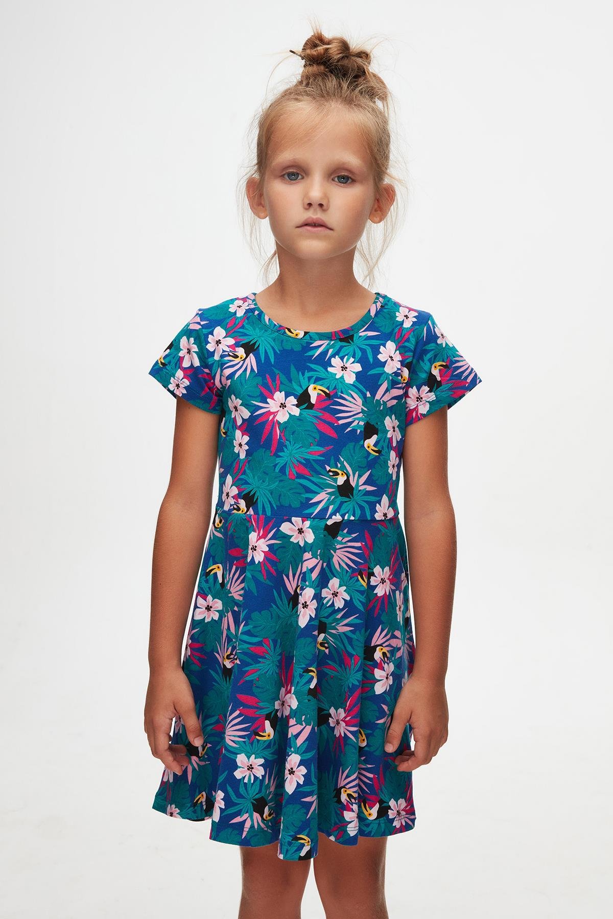 9777 Kids Yarım Kol Desenli Elbise 5-8 Yaş