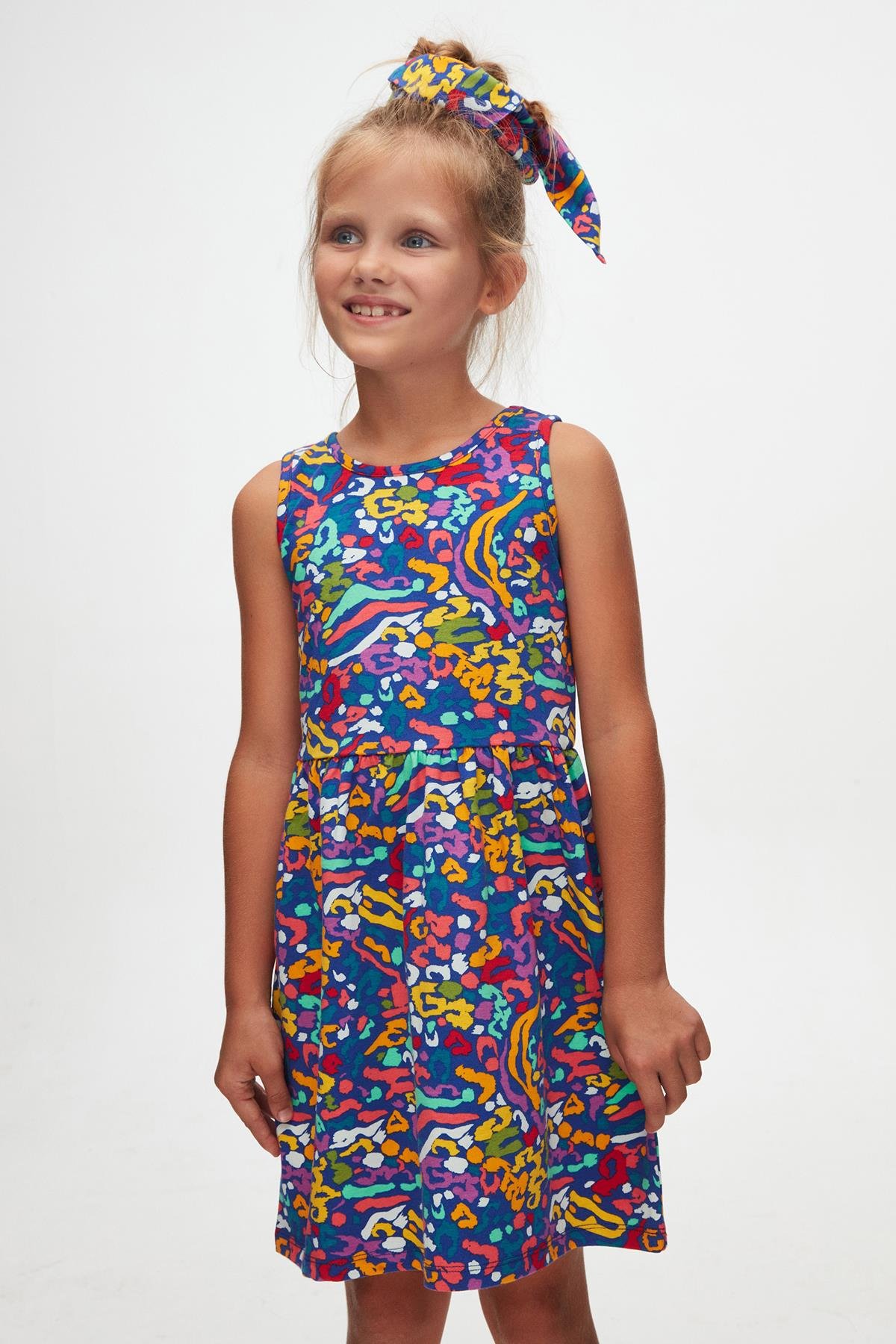 9778 Kids Kolsuz Desenli Elbise 5- 8 Yaş