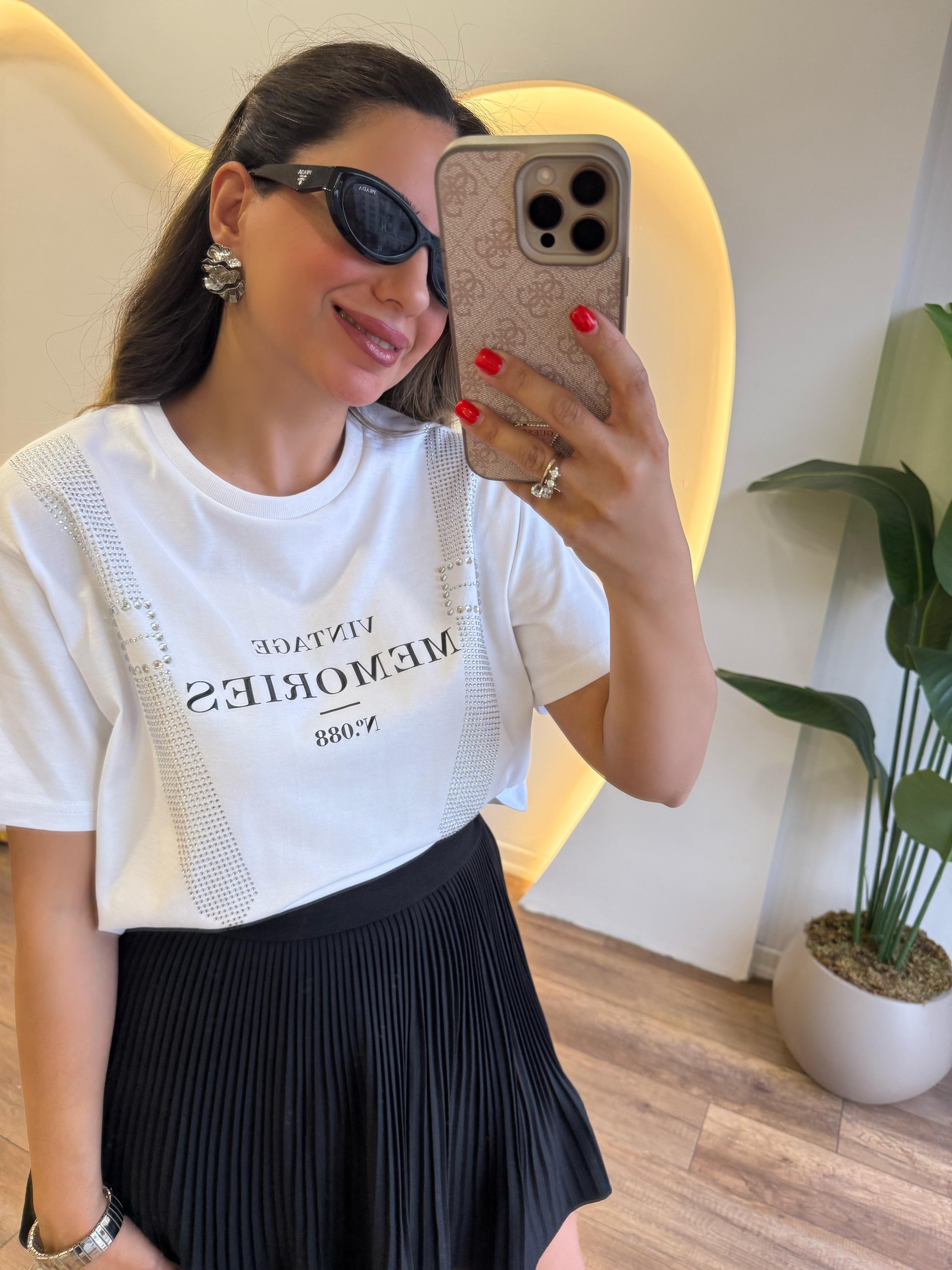 9792 Siyah Baskılı Şerit Taşlı Tshirt