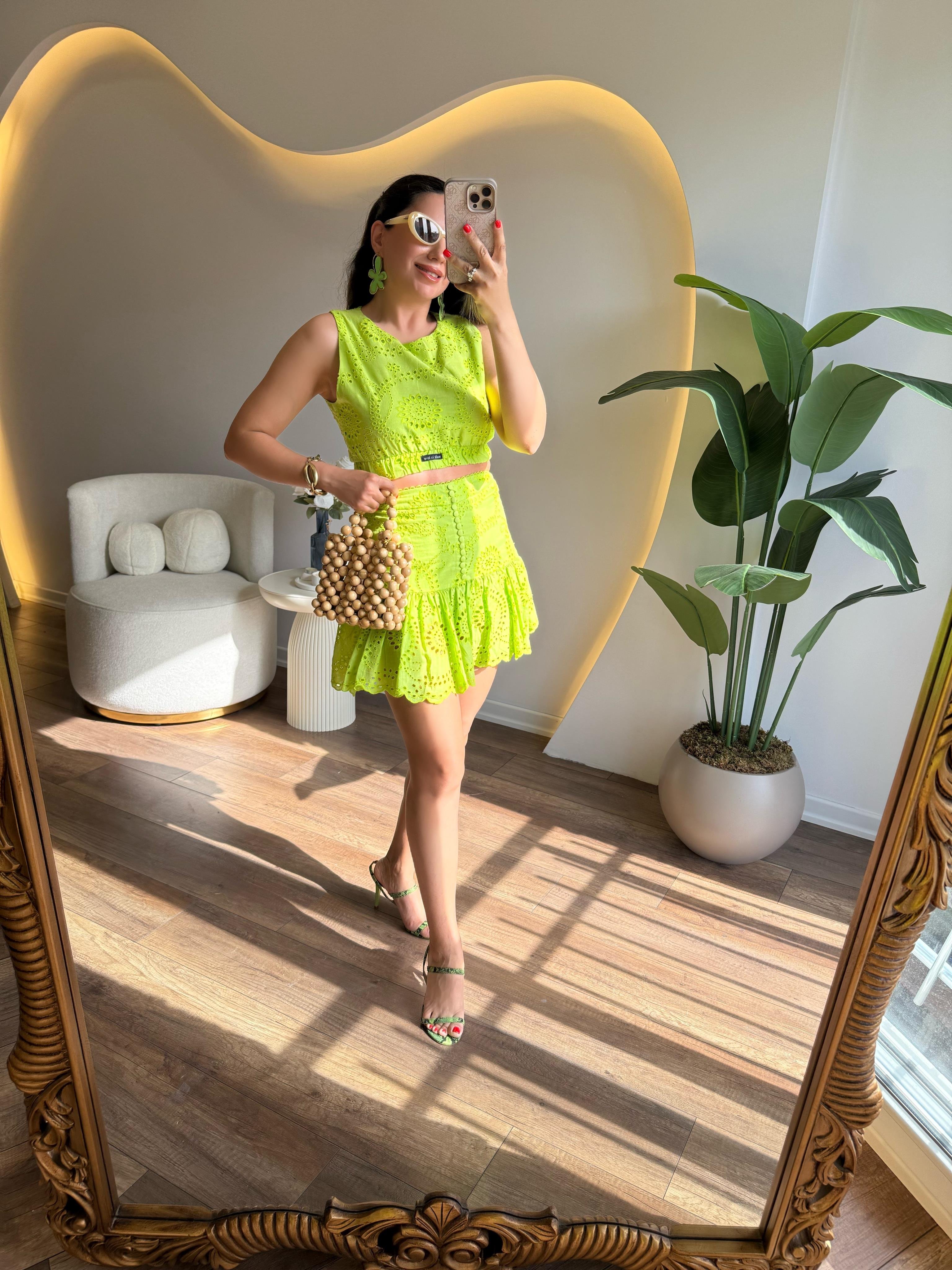 9797 Neon Yeşil Güpür Takım