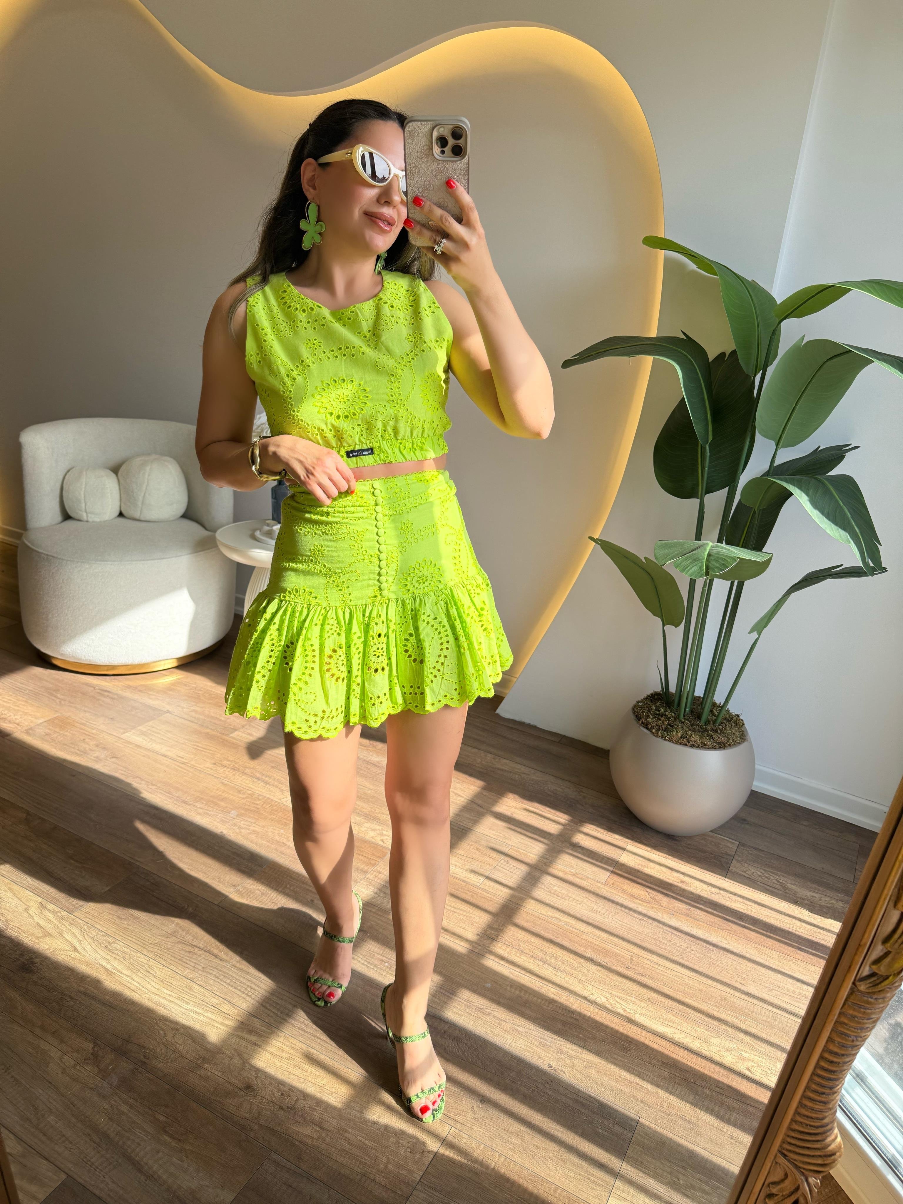 9797 Neon Yeşil Güpür Takım