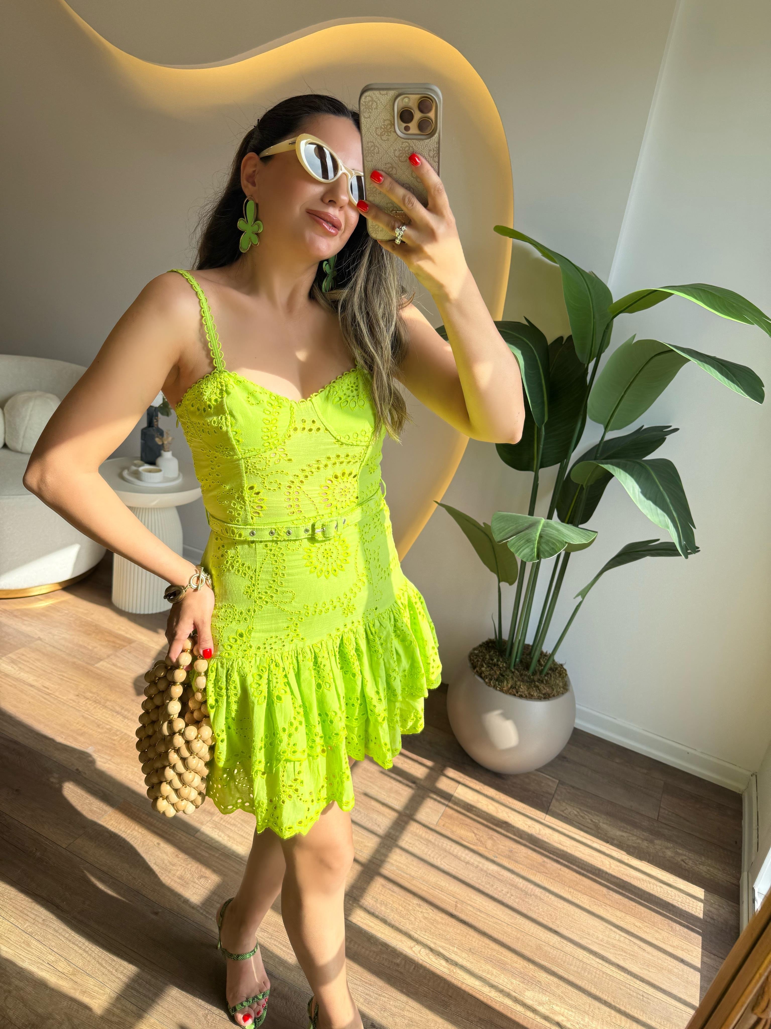 9798 Neon Yeşil Kemerli Elbise