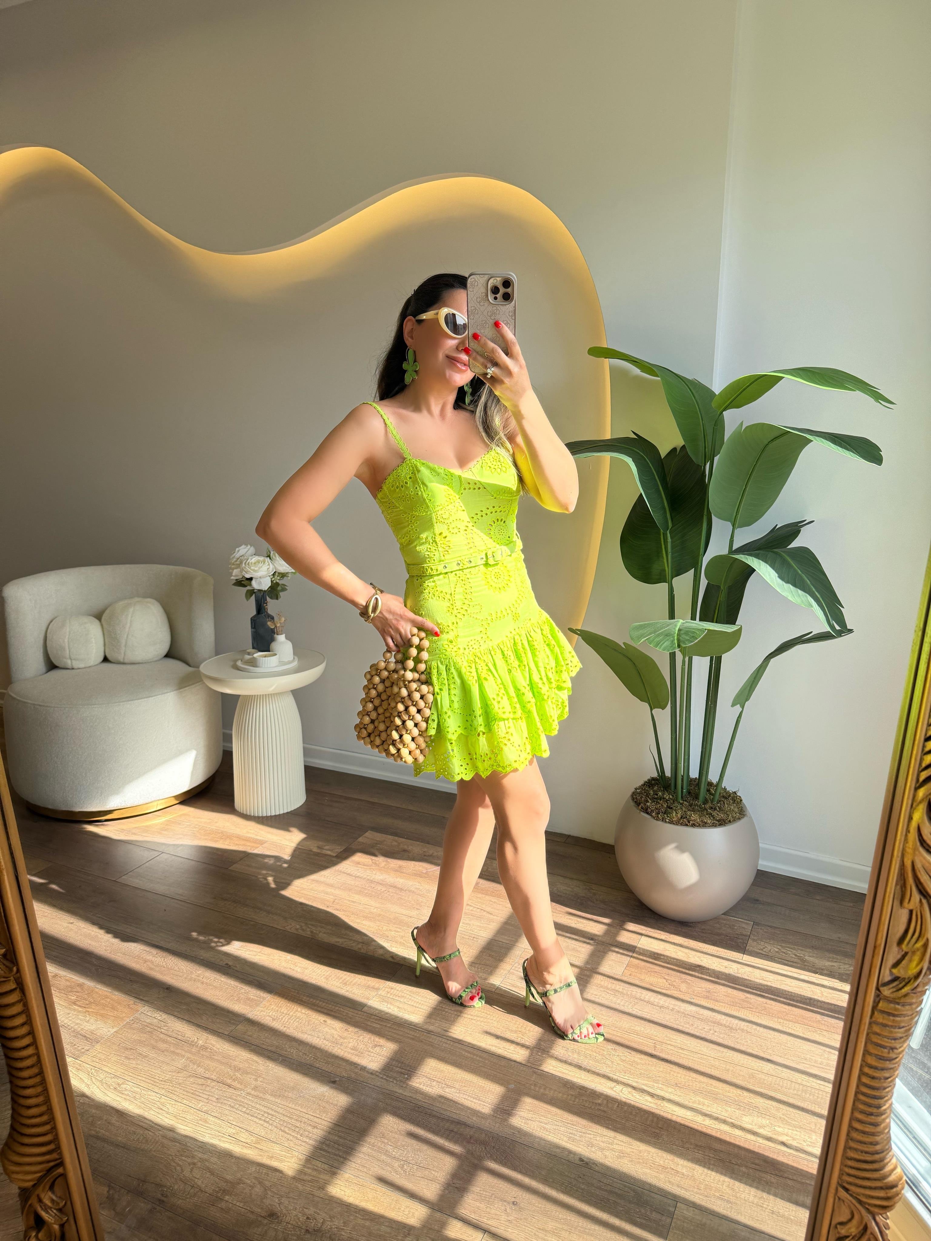 9798 Neon Yeşil Kemerli Elbise