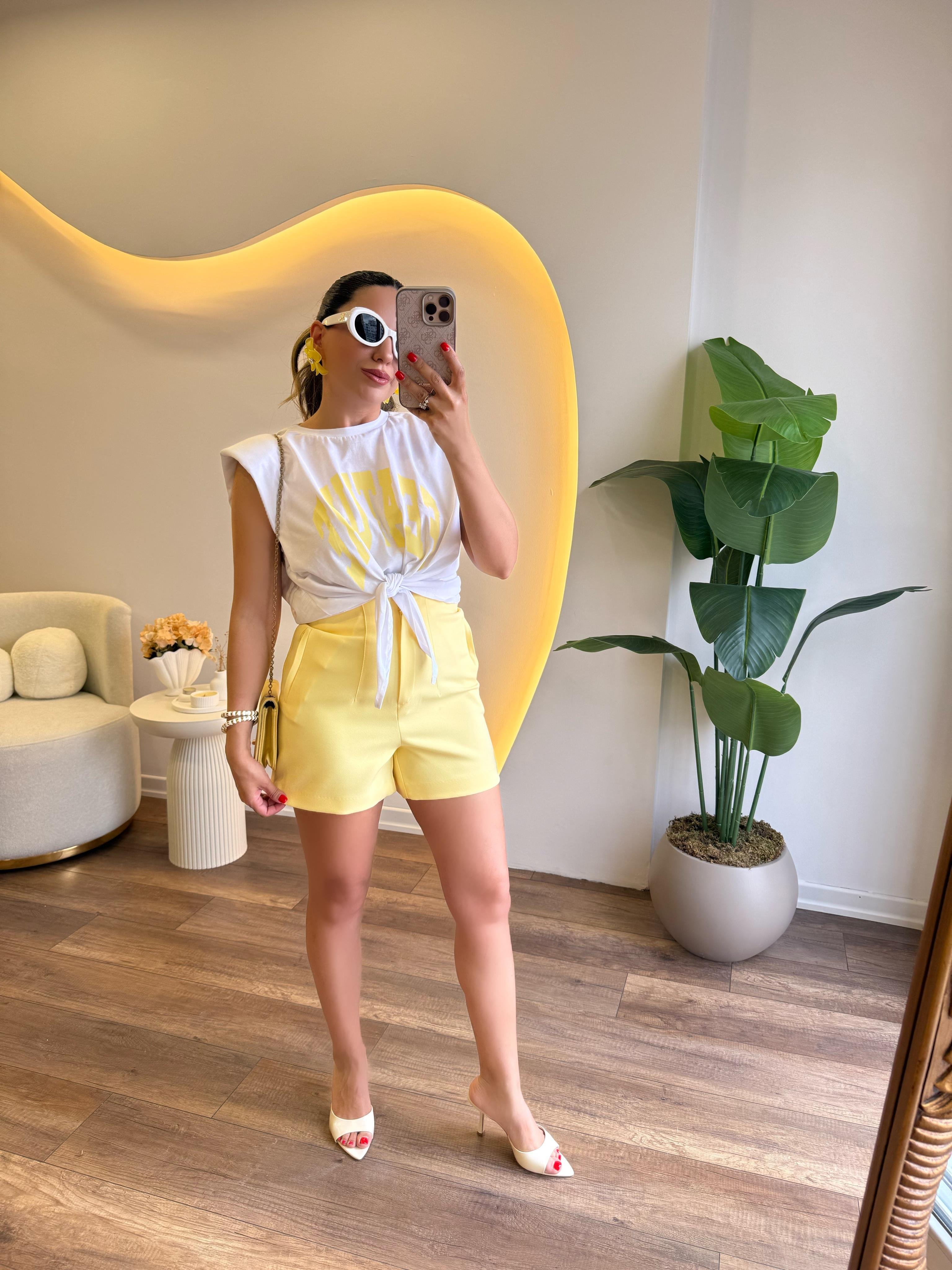 9810 Sarı Baskılı Önden Bağlamalı Tshirt