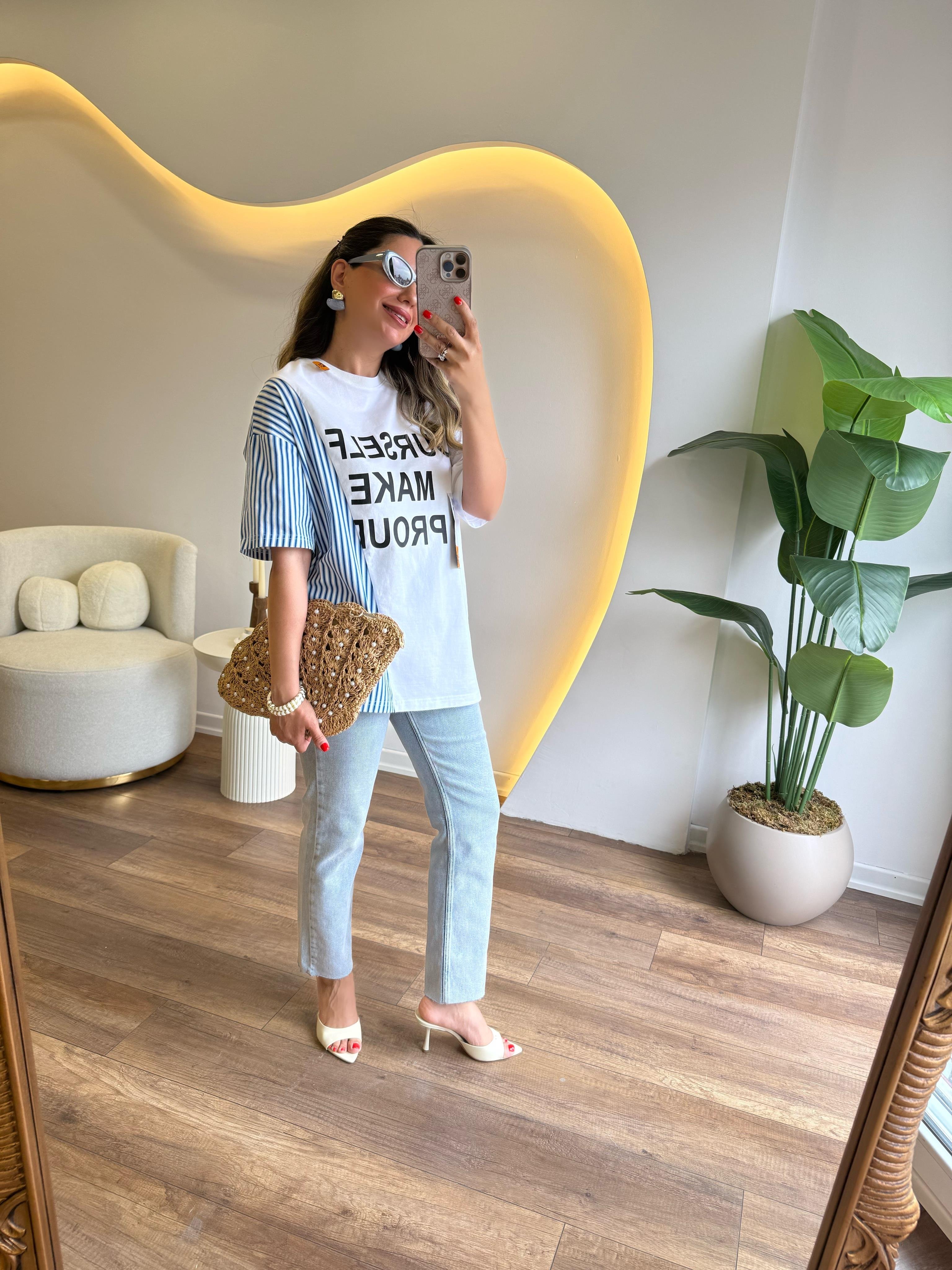 9815 Yourself Make Baskılı Çizgili Bluz