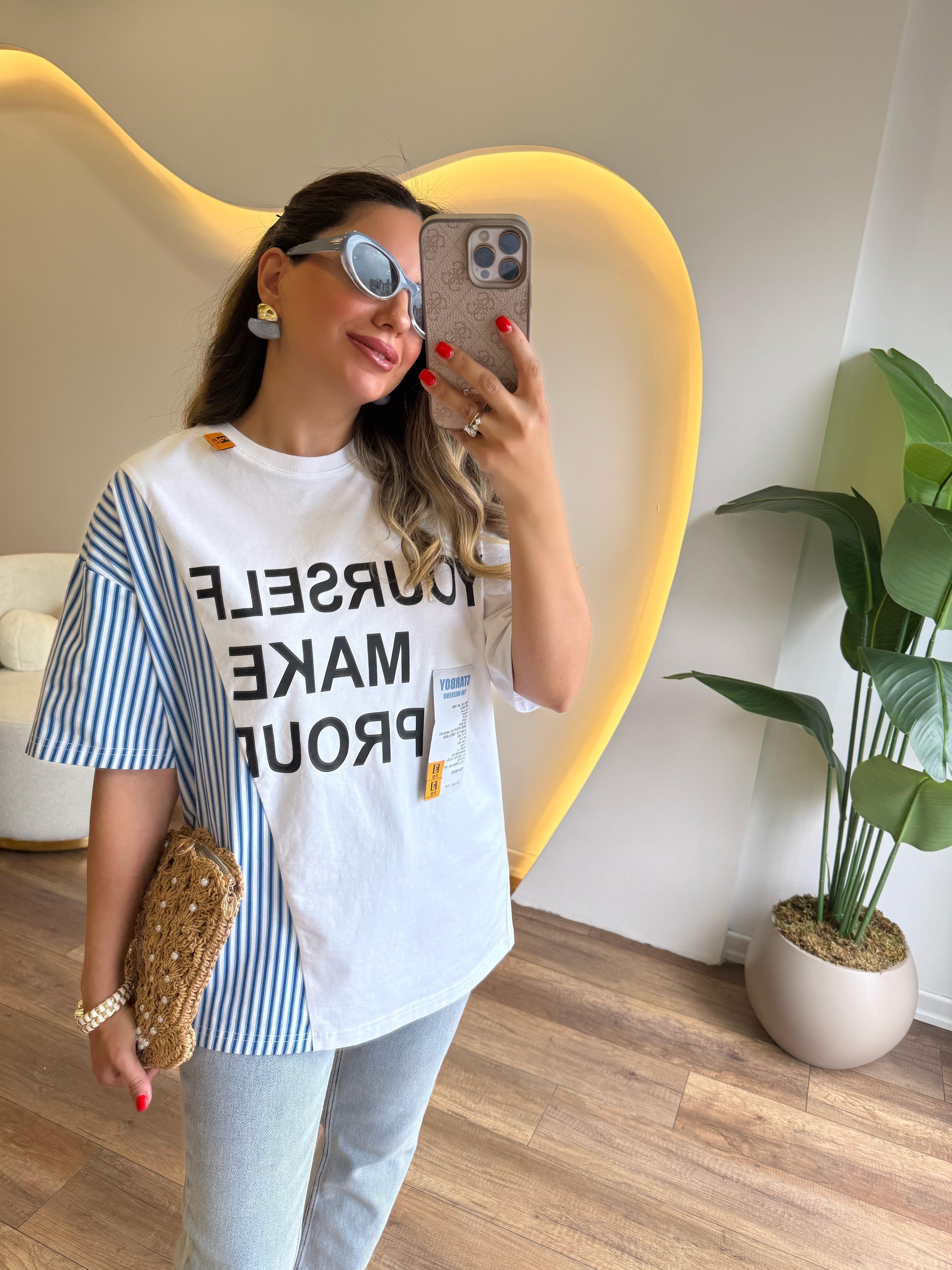 9815 Yourself Make Baskılı Çizgili Bluz