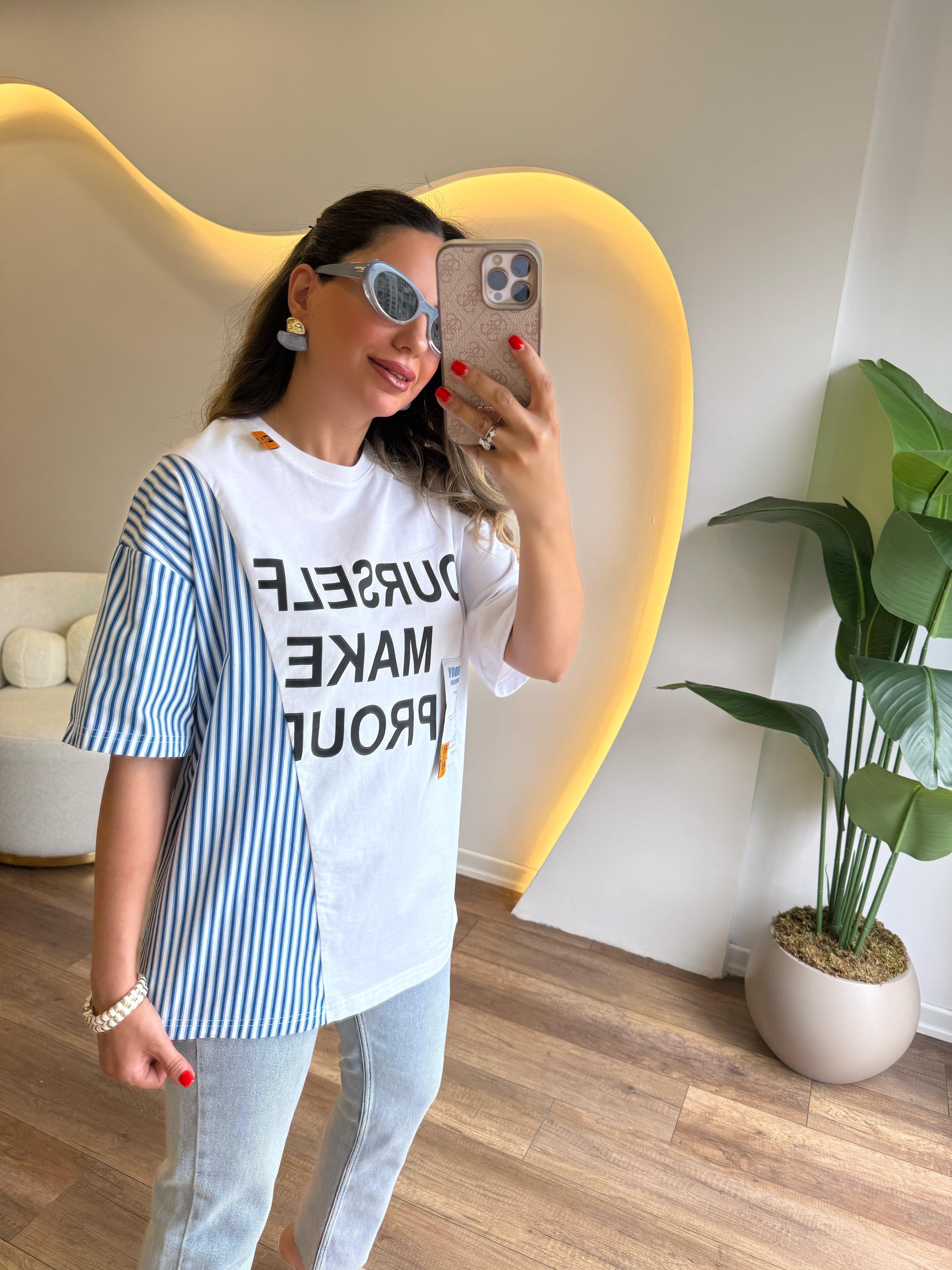 9815 Yourself Make Baskılı Çizgili Bluz