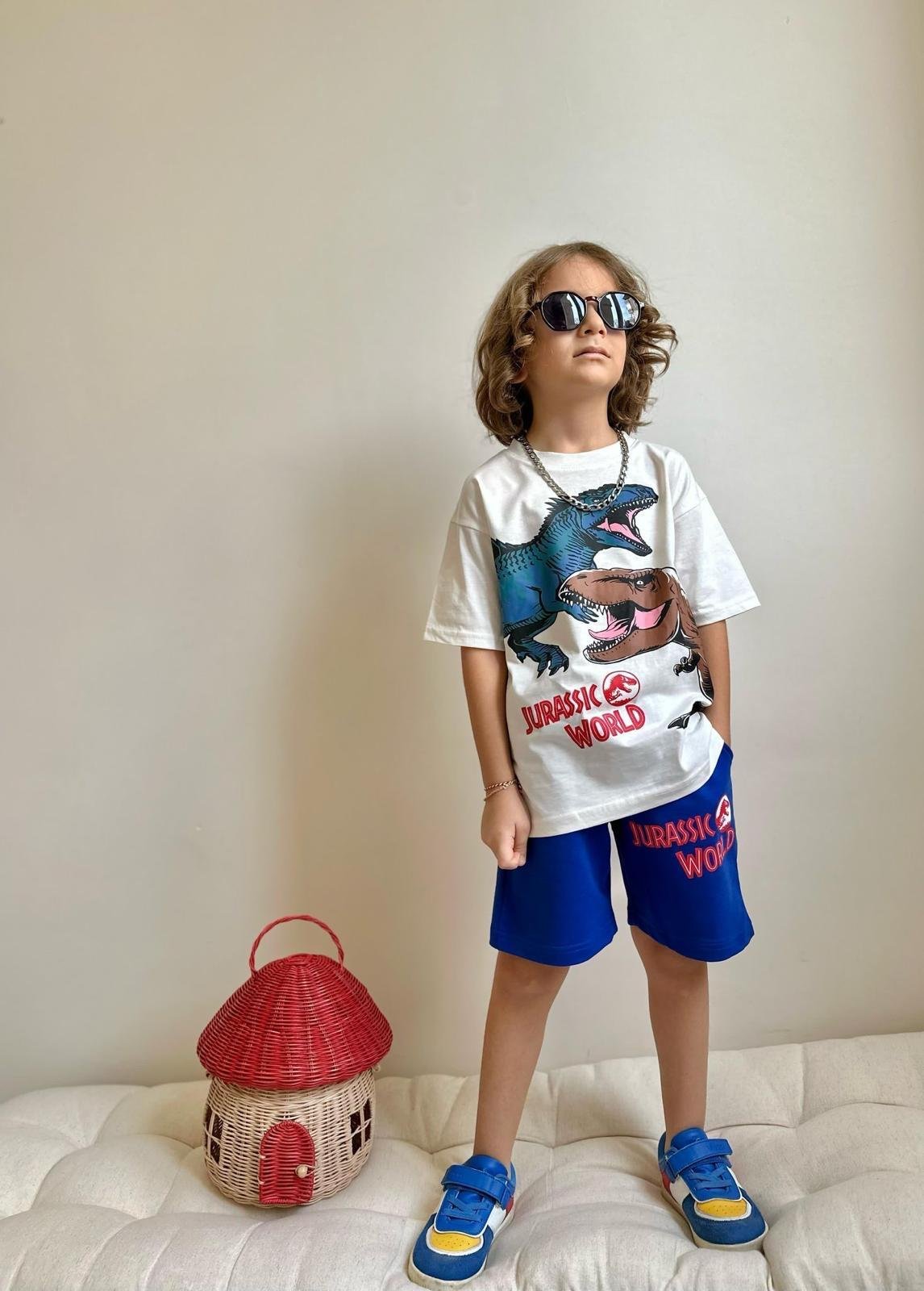 9835 Kids Dinazor Baskılı Şortlu Takım 3-4/9-10 Yaş