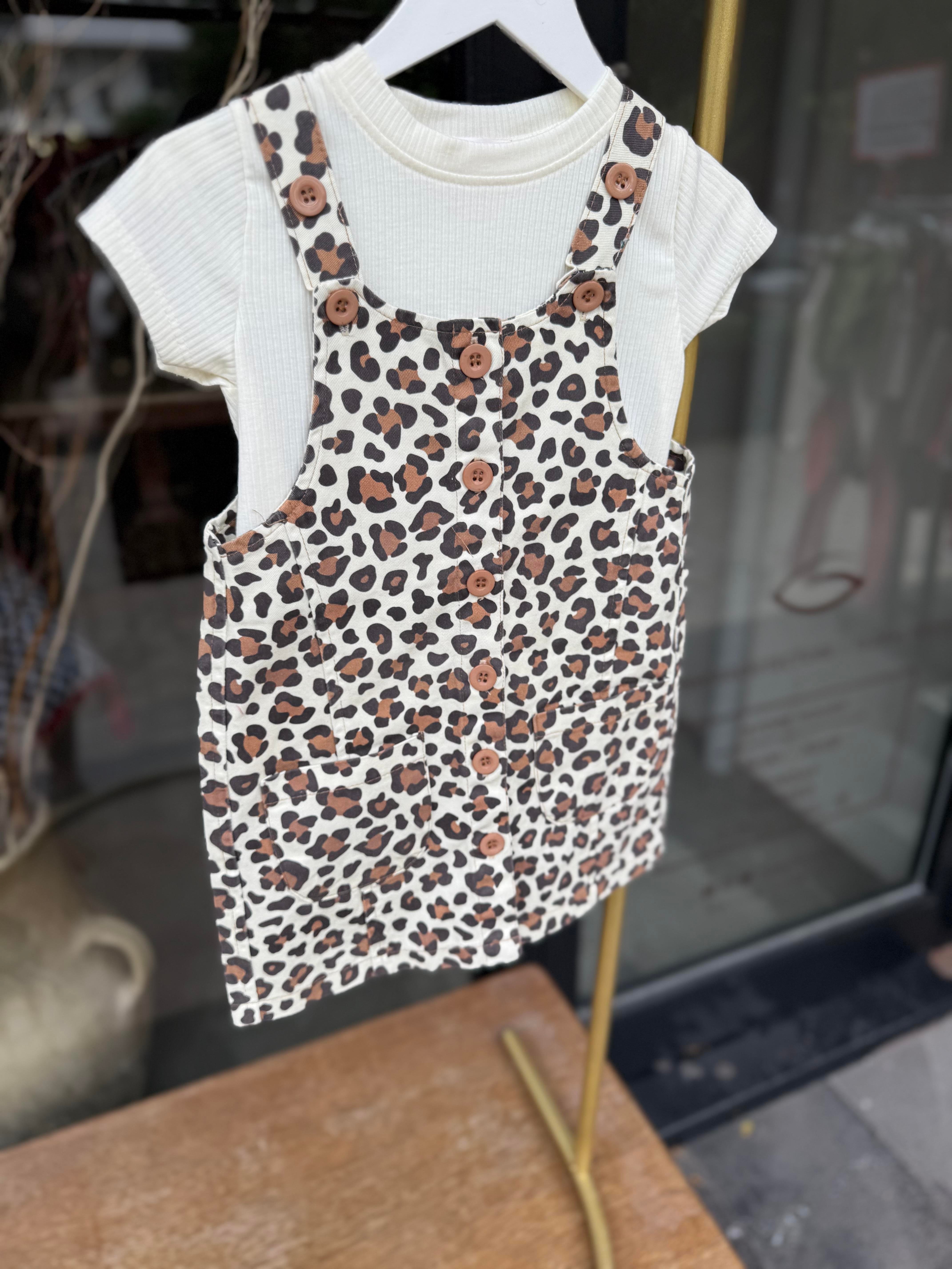 9845 Kids Leopar Desenli Kız Salopet 5-6/8-9 Yaş