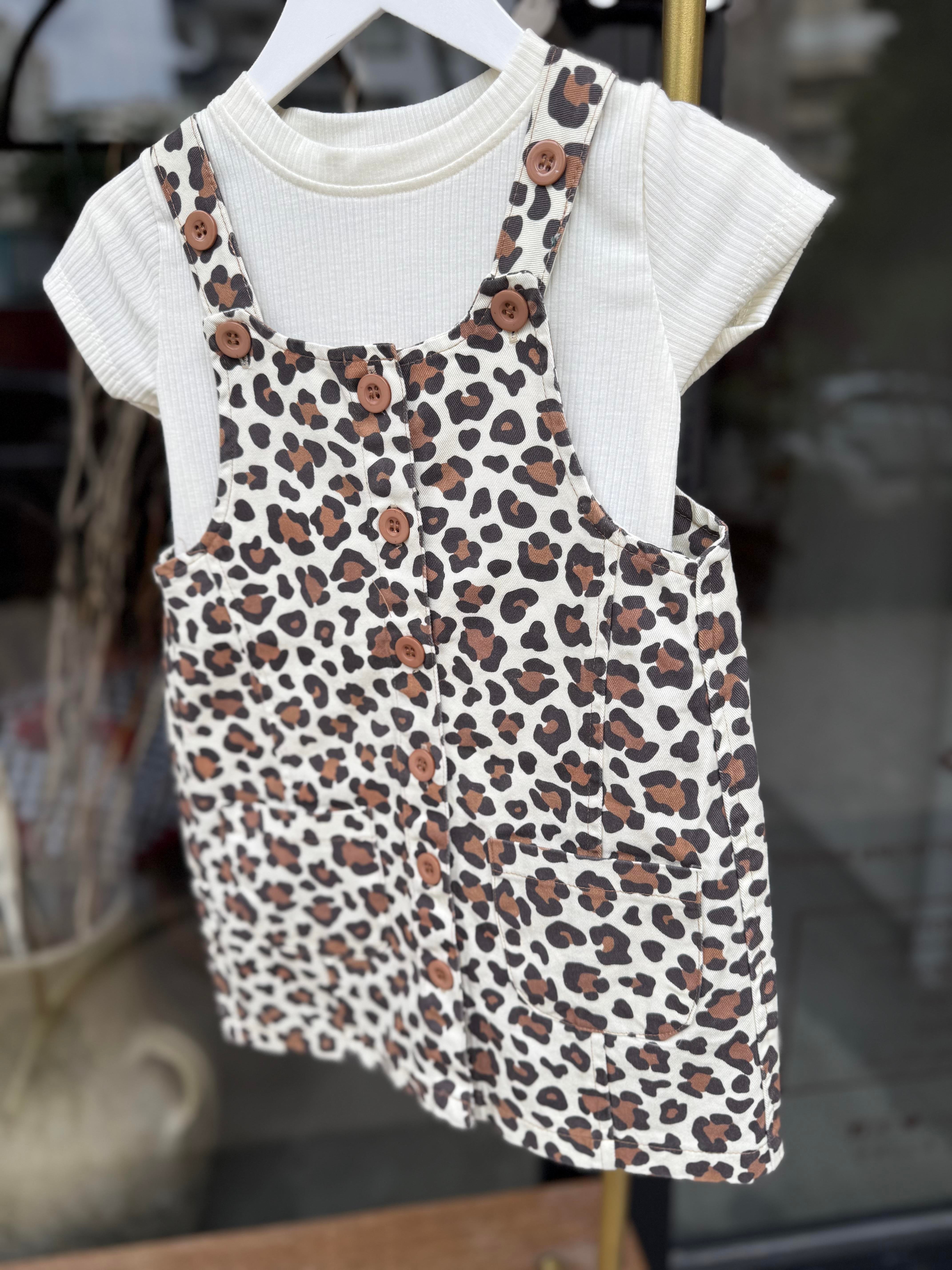 9845 Kids Leopar Desenli Kız Salopet 5-6/8-9 Yaş
