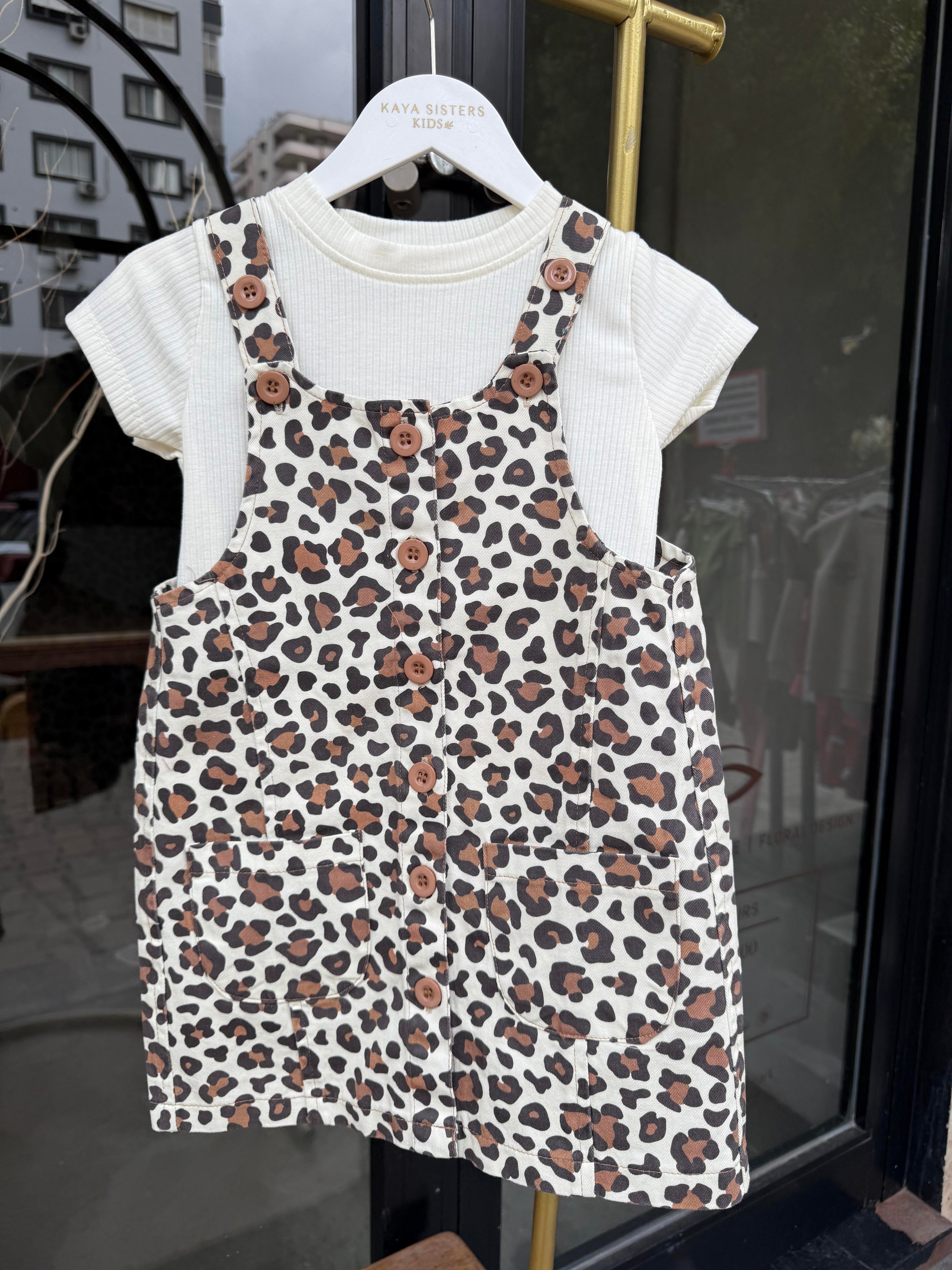 9845 Kids Leopar Desenli Kız Salopet 5-6/8-9 Yaş