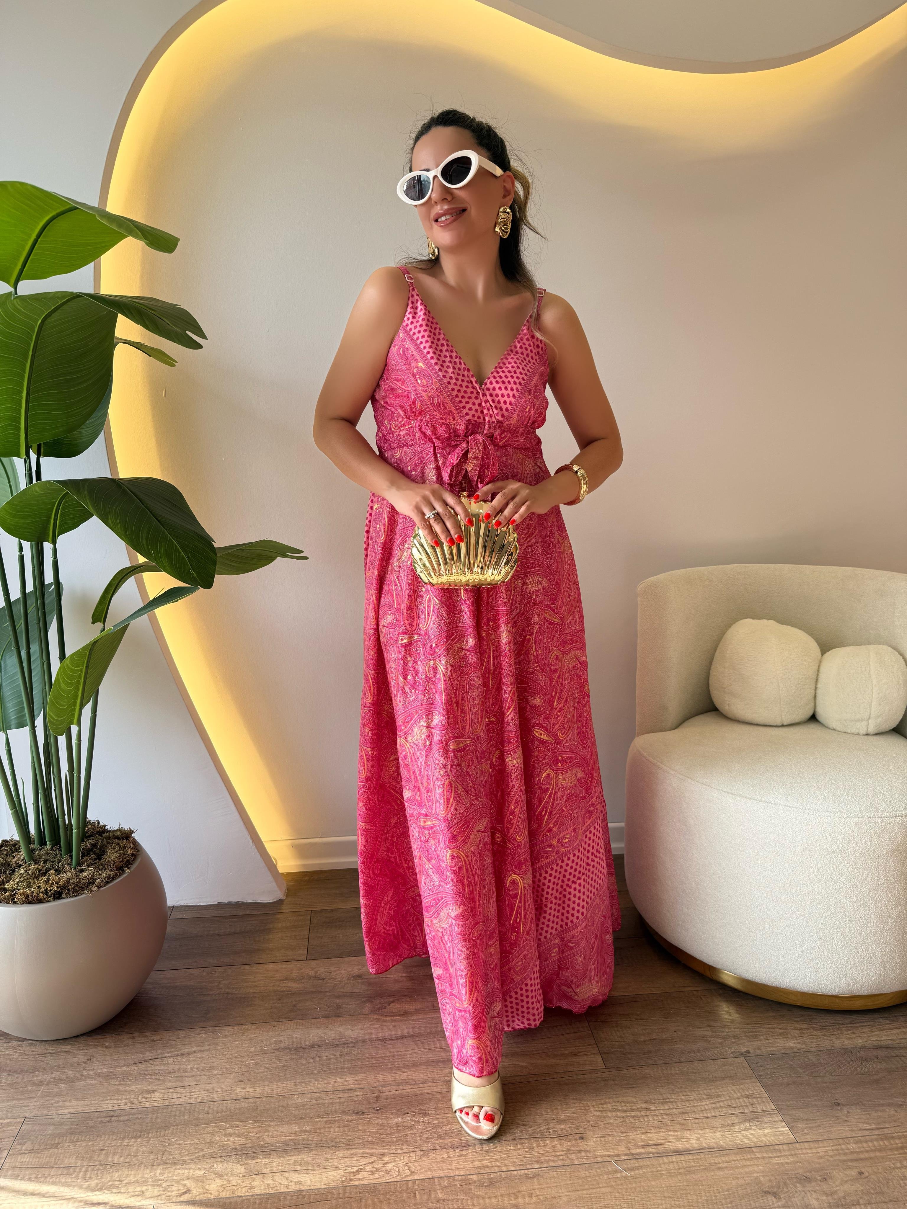 9884 Pembe Gold Detaylı Uzun Elbise