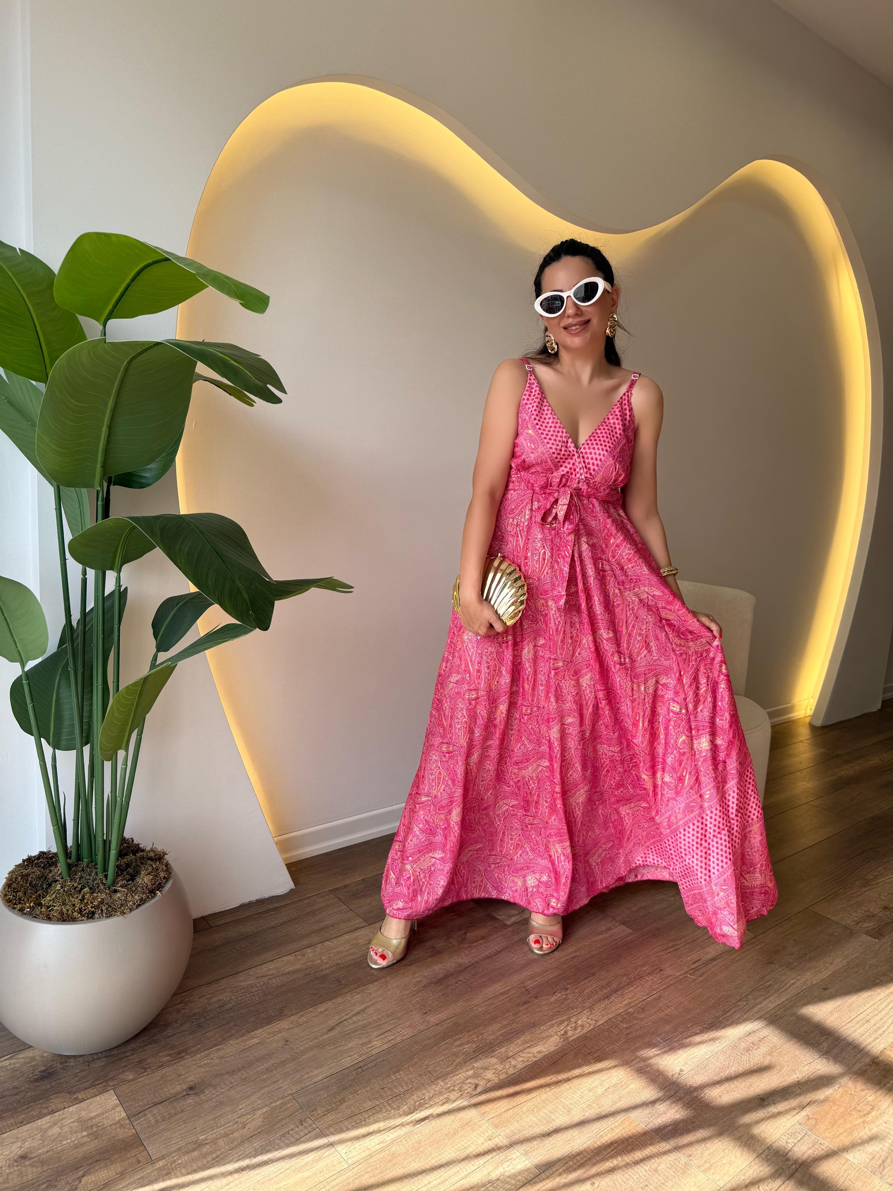 9884 Pembe Gold Detaylı Uzun Elbise