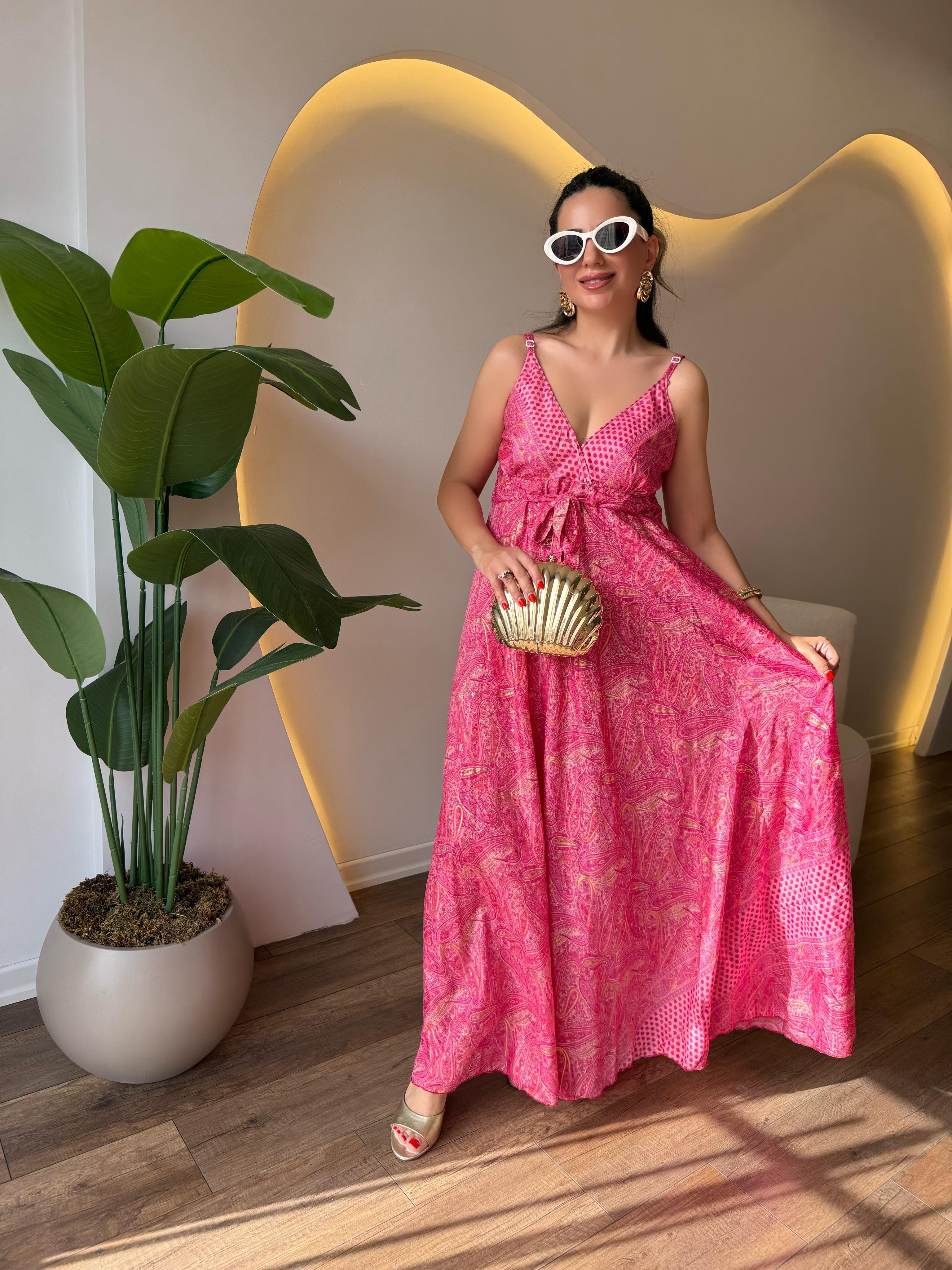 9884 Pembe Gold Detaylı Uzun Elbise