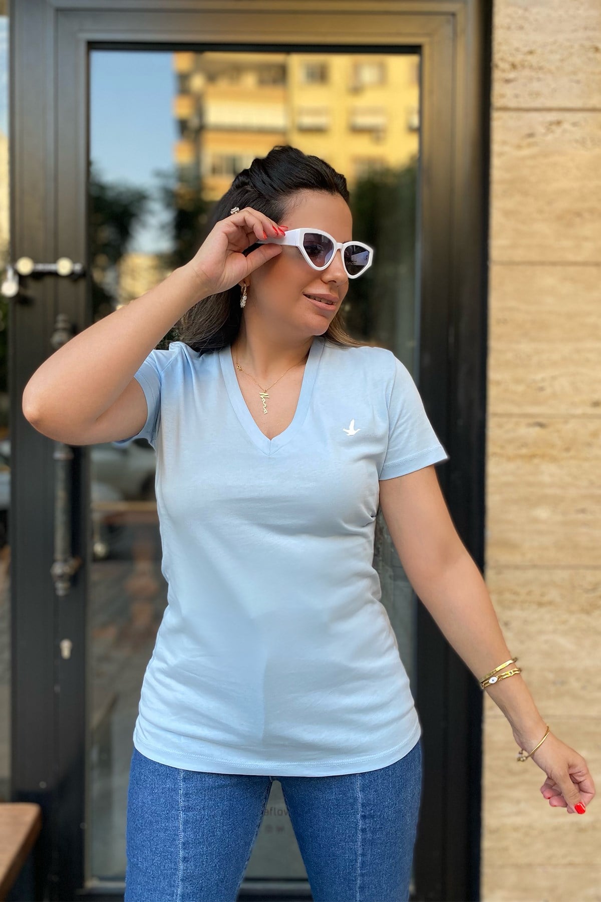 Açık Mavi V Yaka Orjinal Tshirt