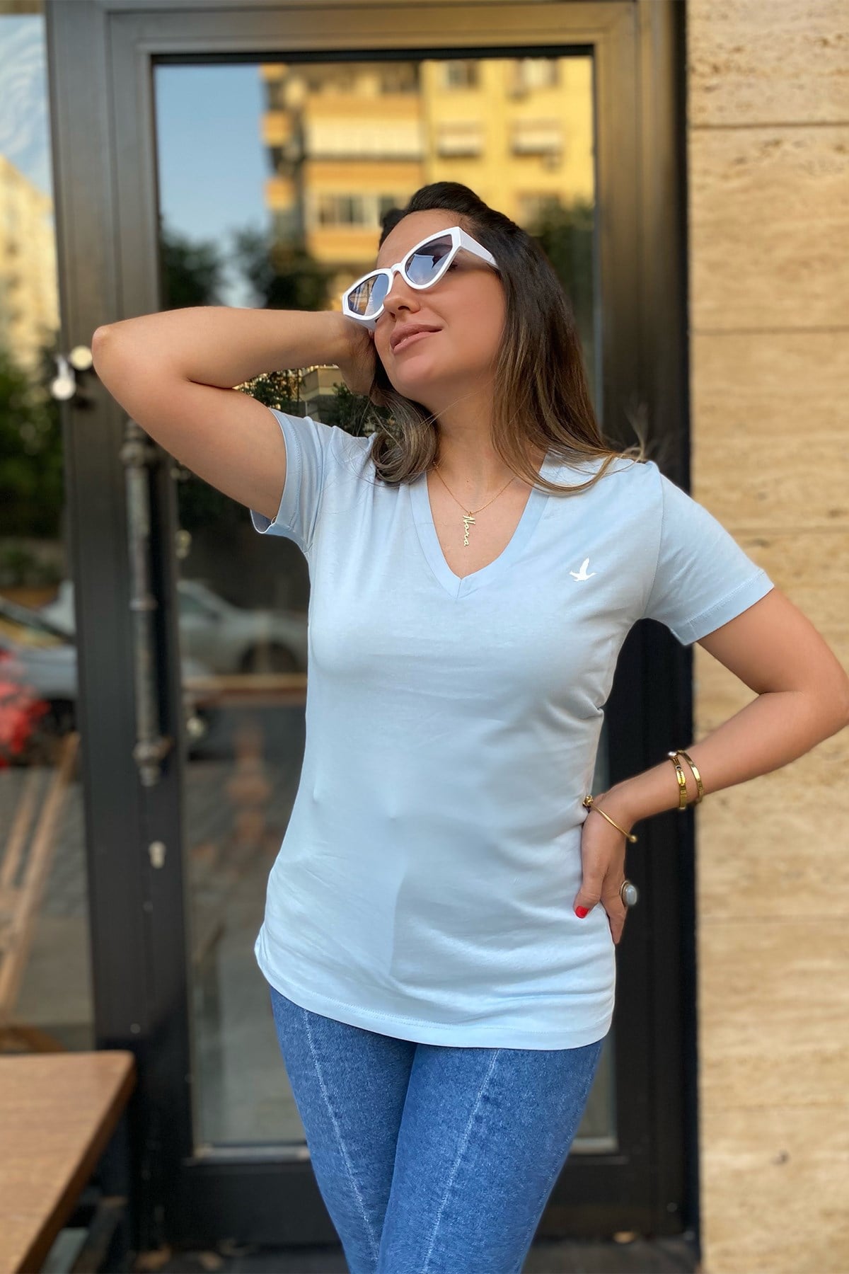 Açık Mavi V Yaka Orjinal Tshirt