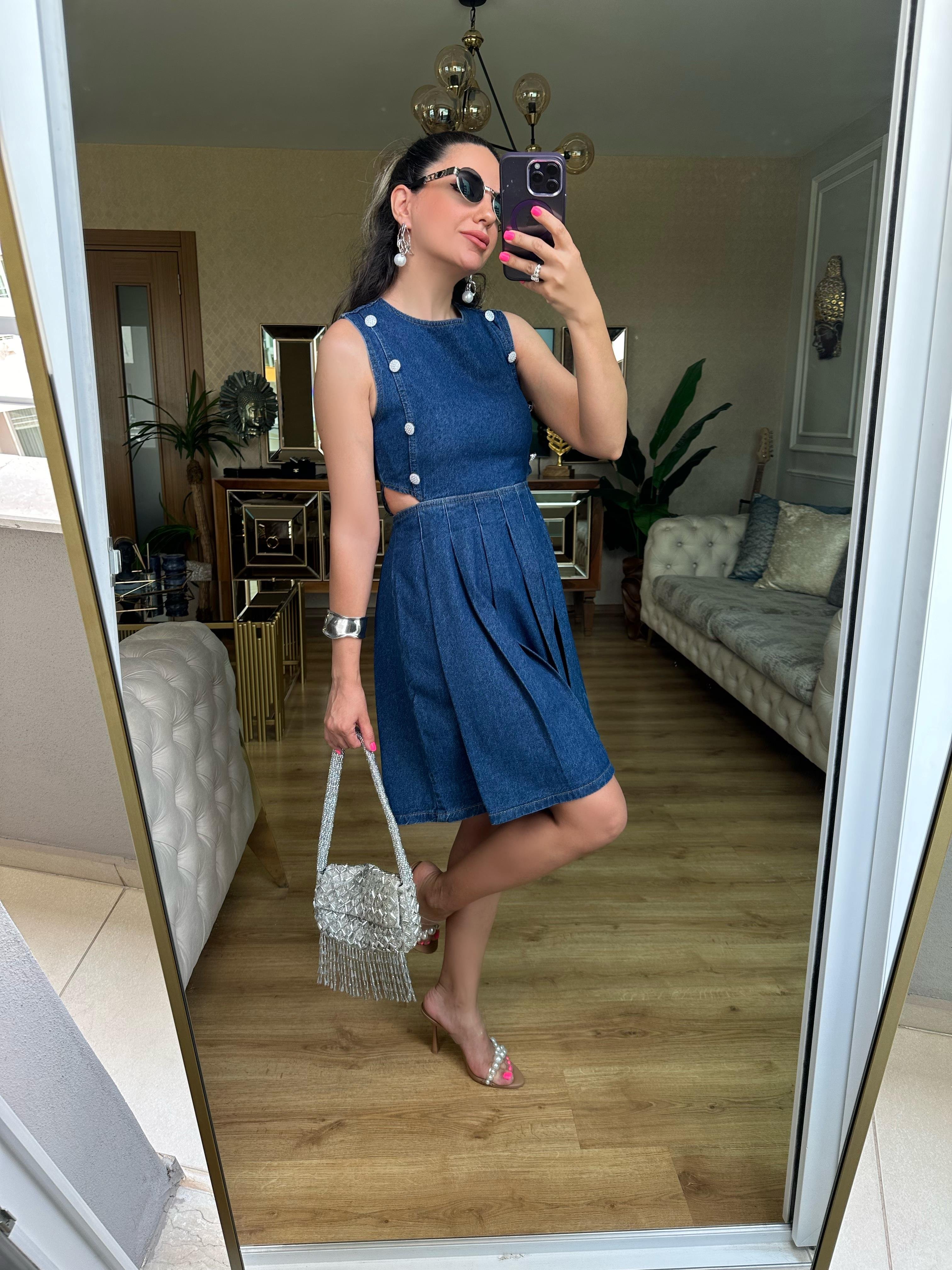 Altı Pliseli Kot Elbise
