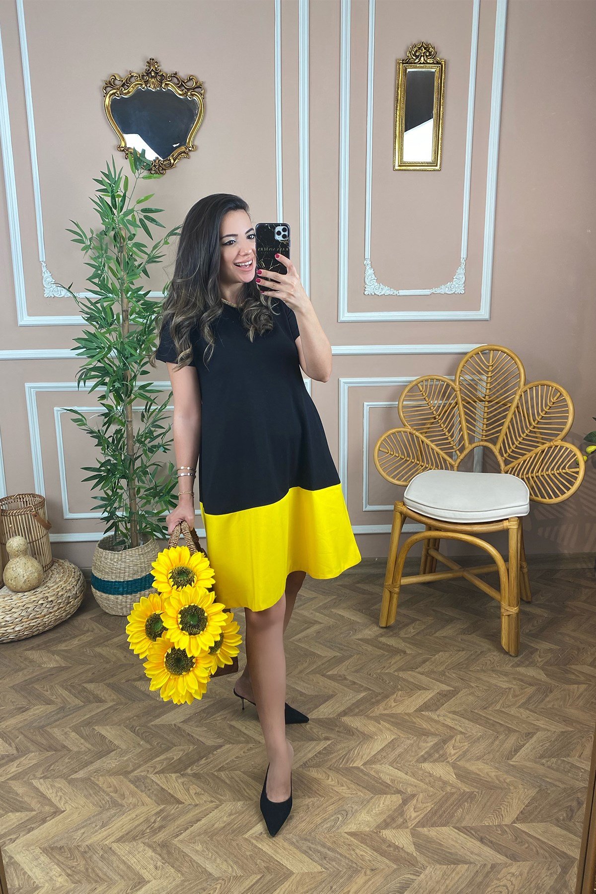 Altı Sarı Çift Renk Elbise