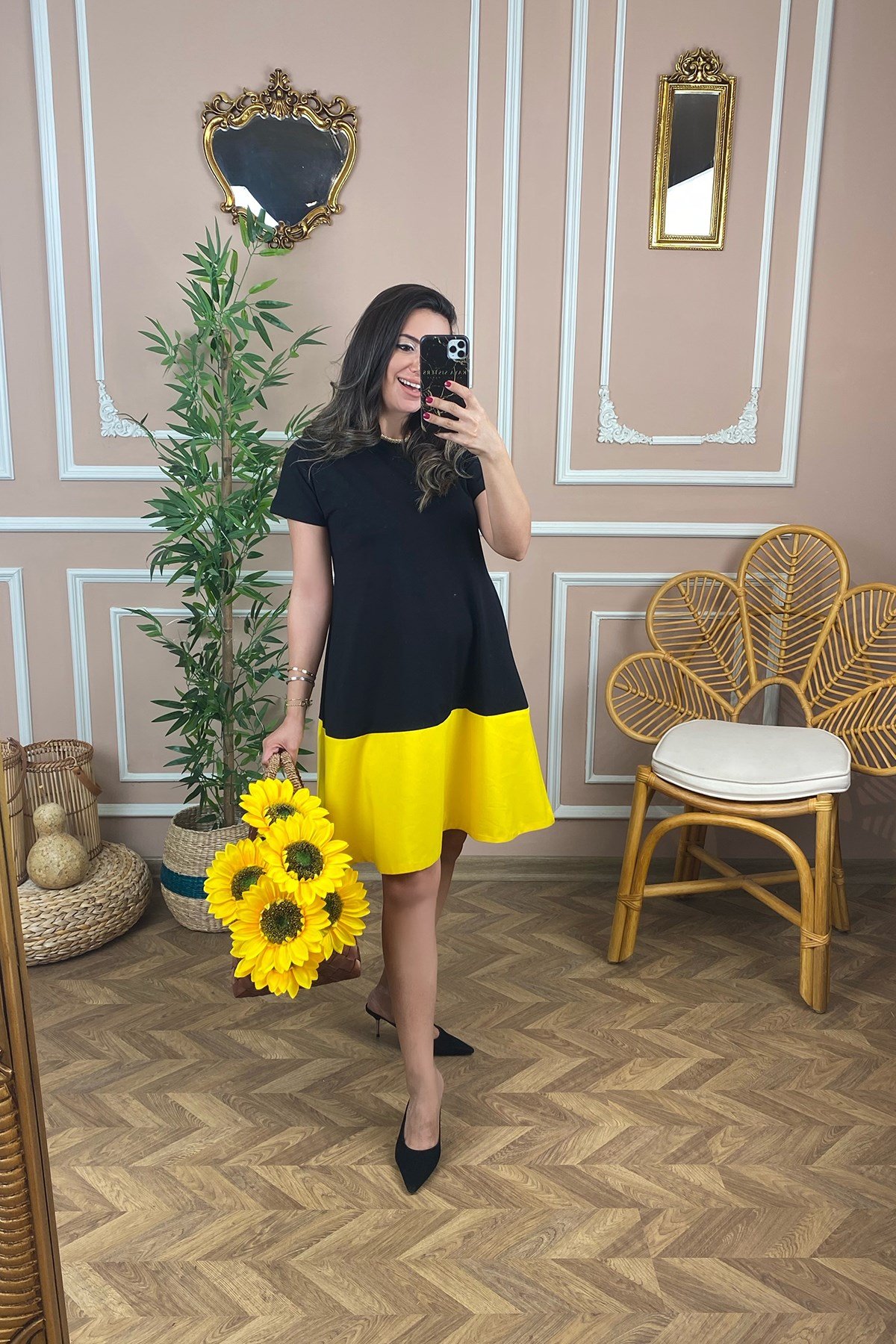 Altı Sarı Çift Renk Elbise