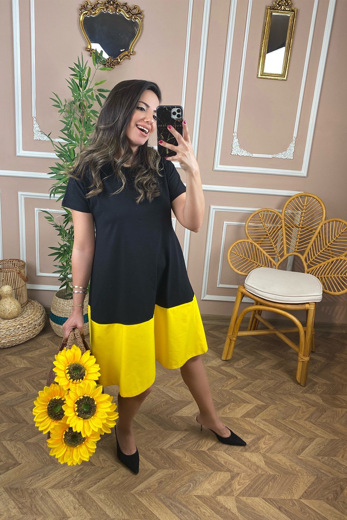 Altı Sarı Çift Renk Elbise