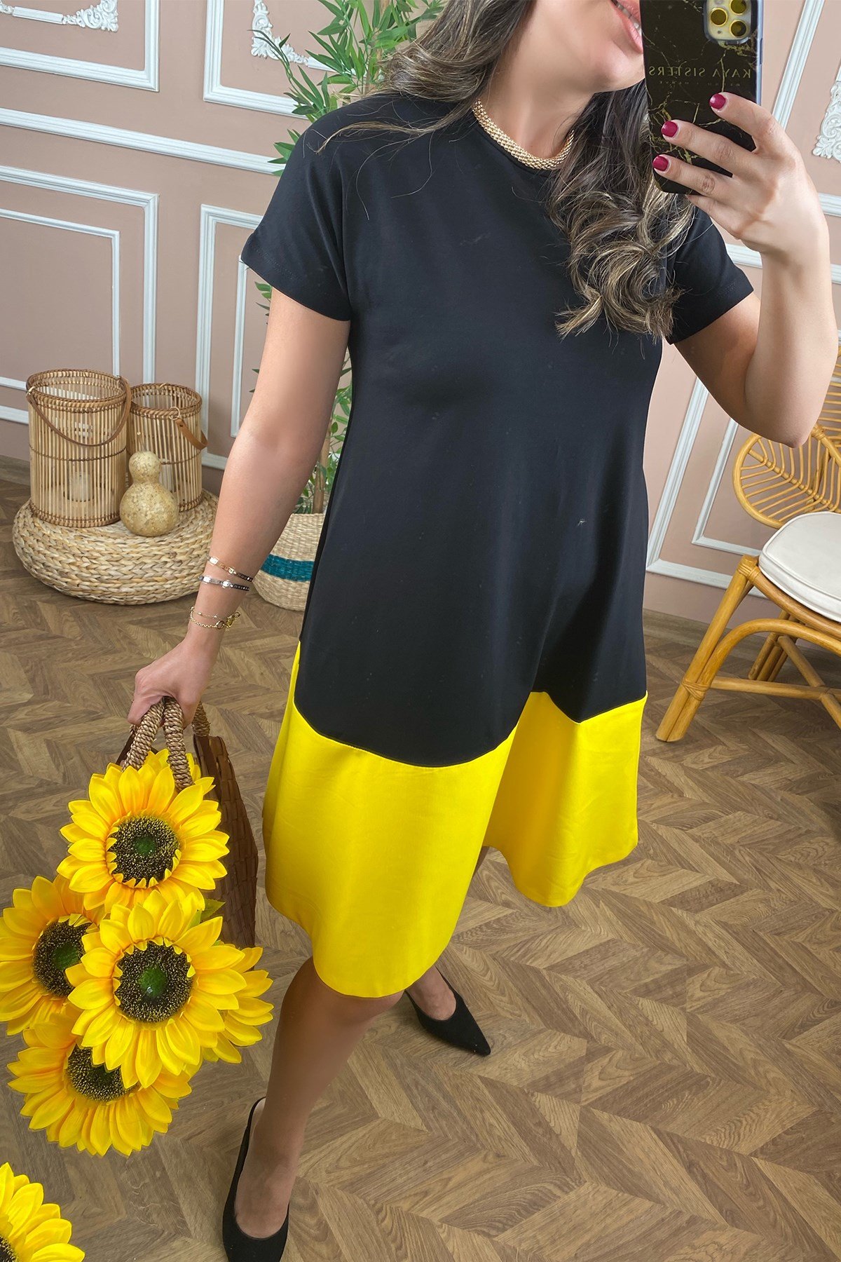 Altı Sarı Çift Renk Elbise