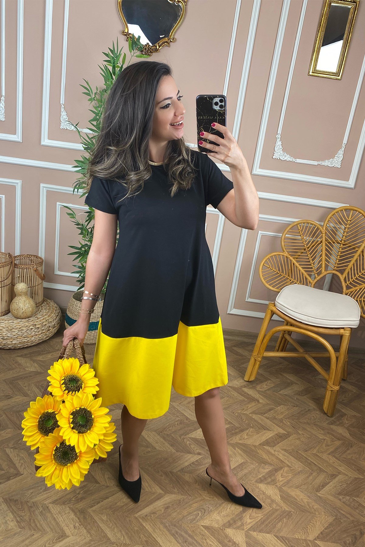 Altı Sarı Çift Renk Elbise