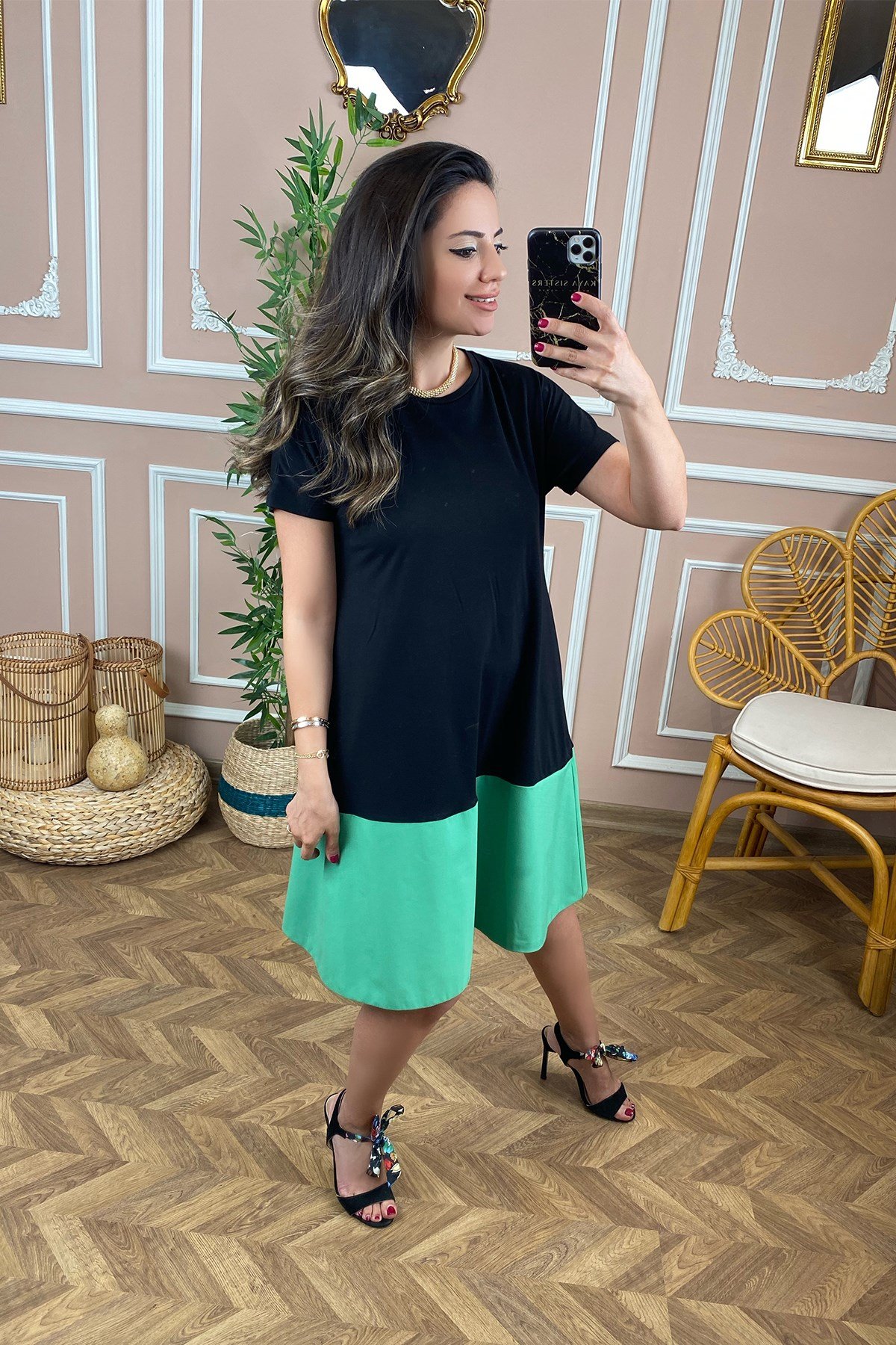 Altı Yeşil Çift Renk Elbise