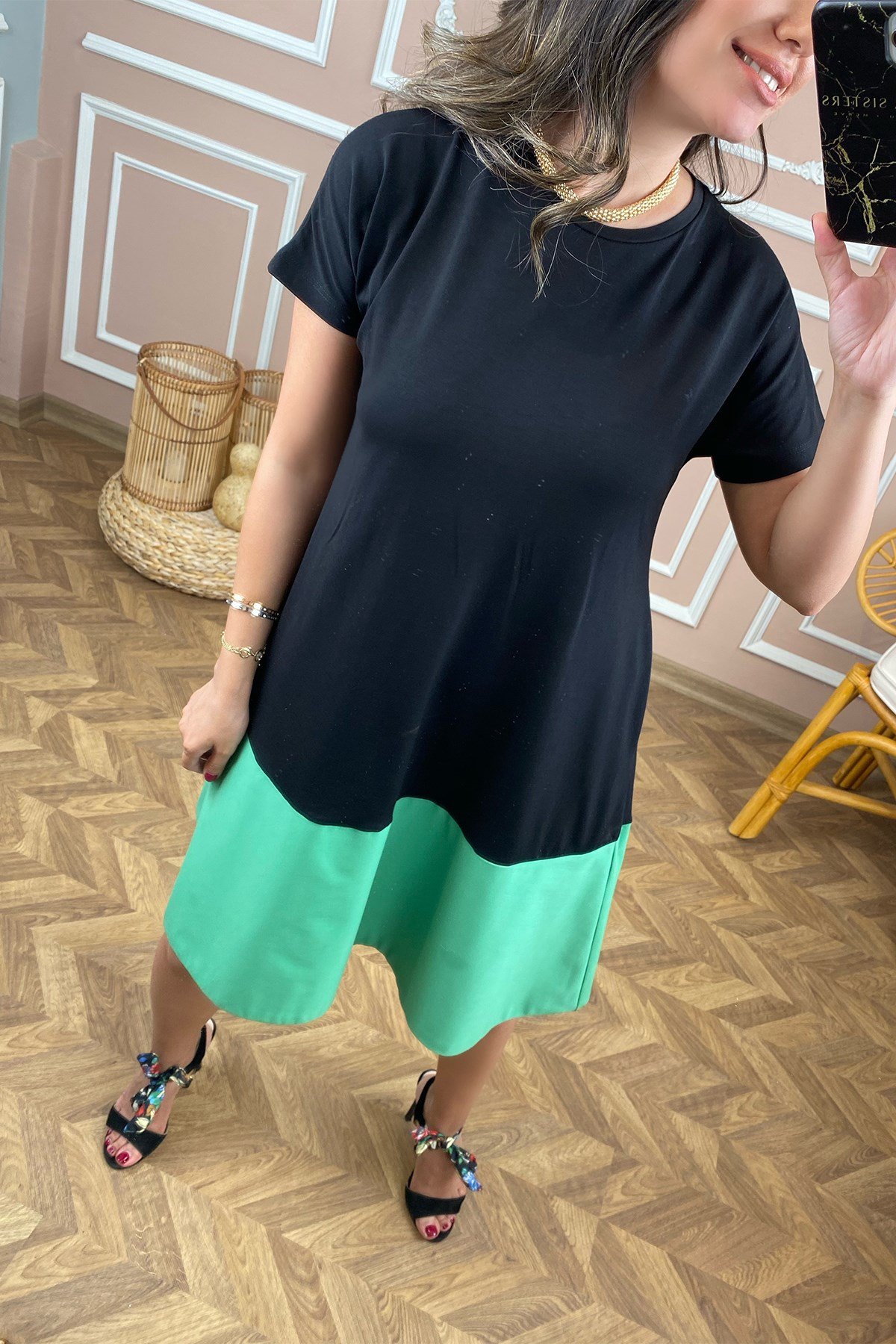 Altı Yeşil Çift Renk Elbise