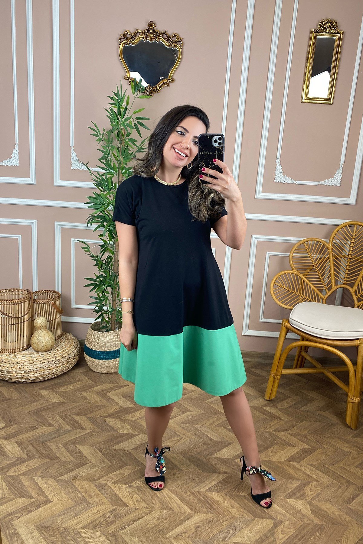 Altı Yeşil Çift Renk Elbise