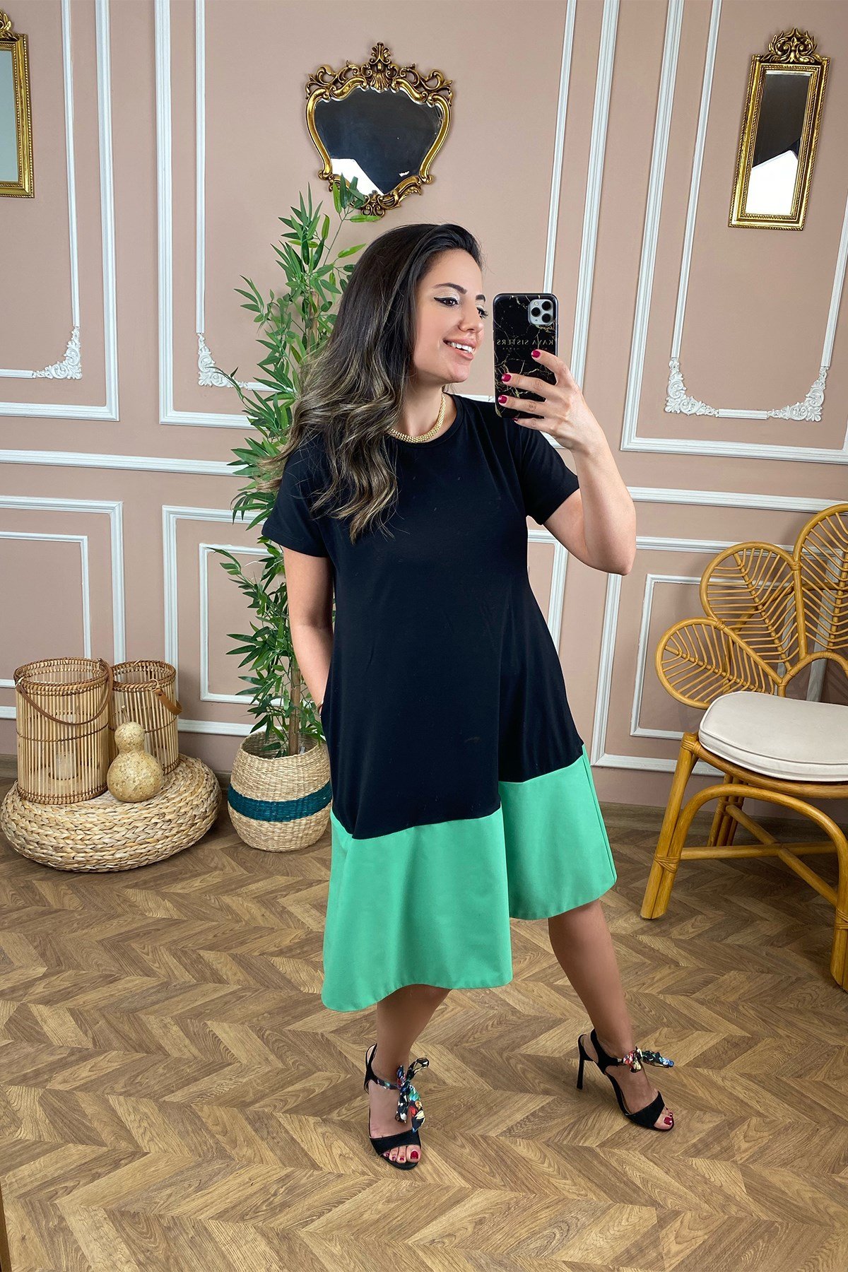 Altı Yeşil Çift Renk Elbise