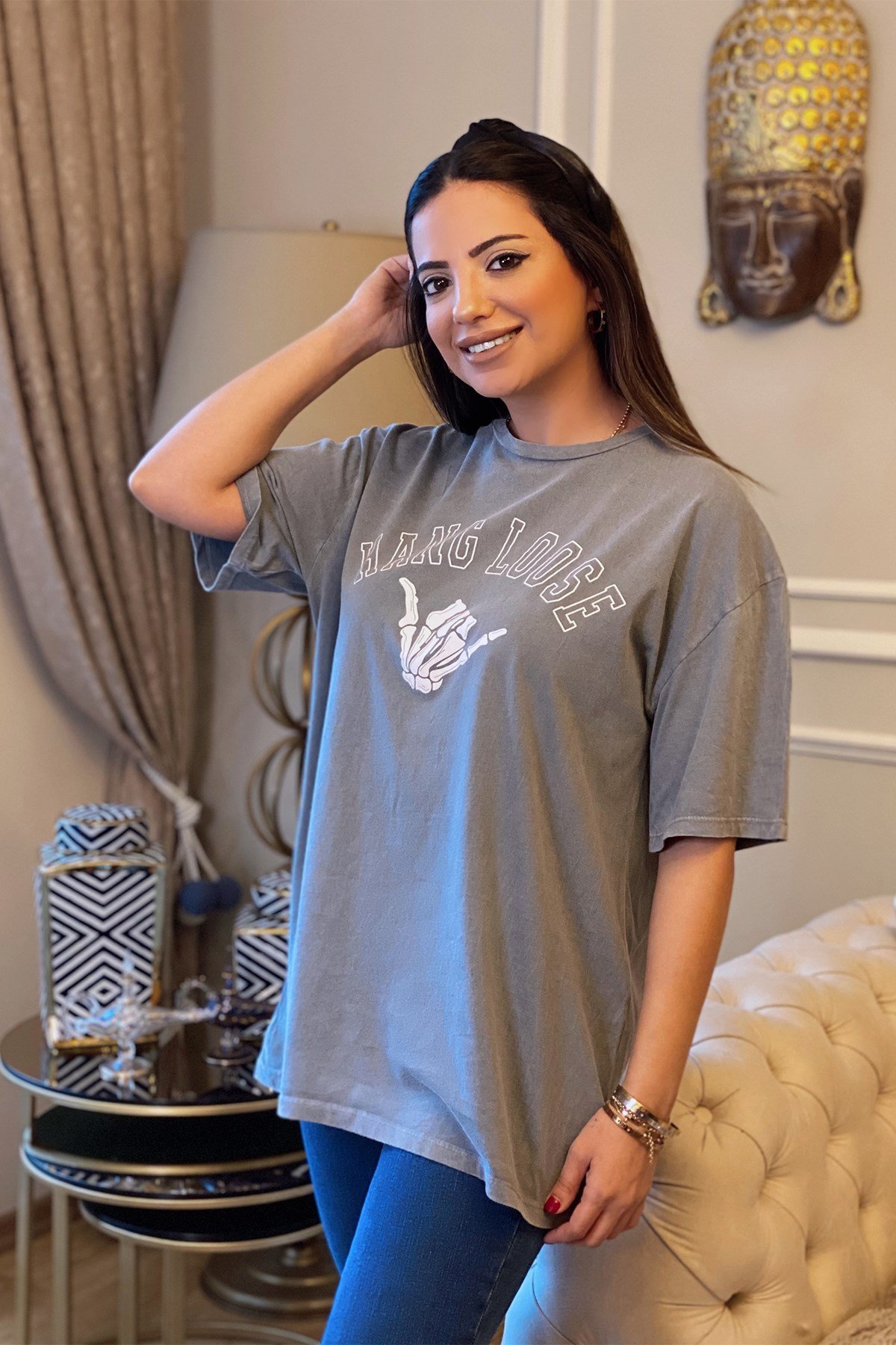 Antrasit Baskılı Yıkamalı Tshirt