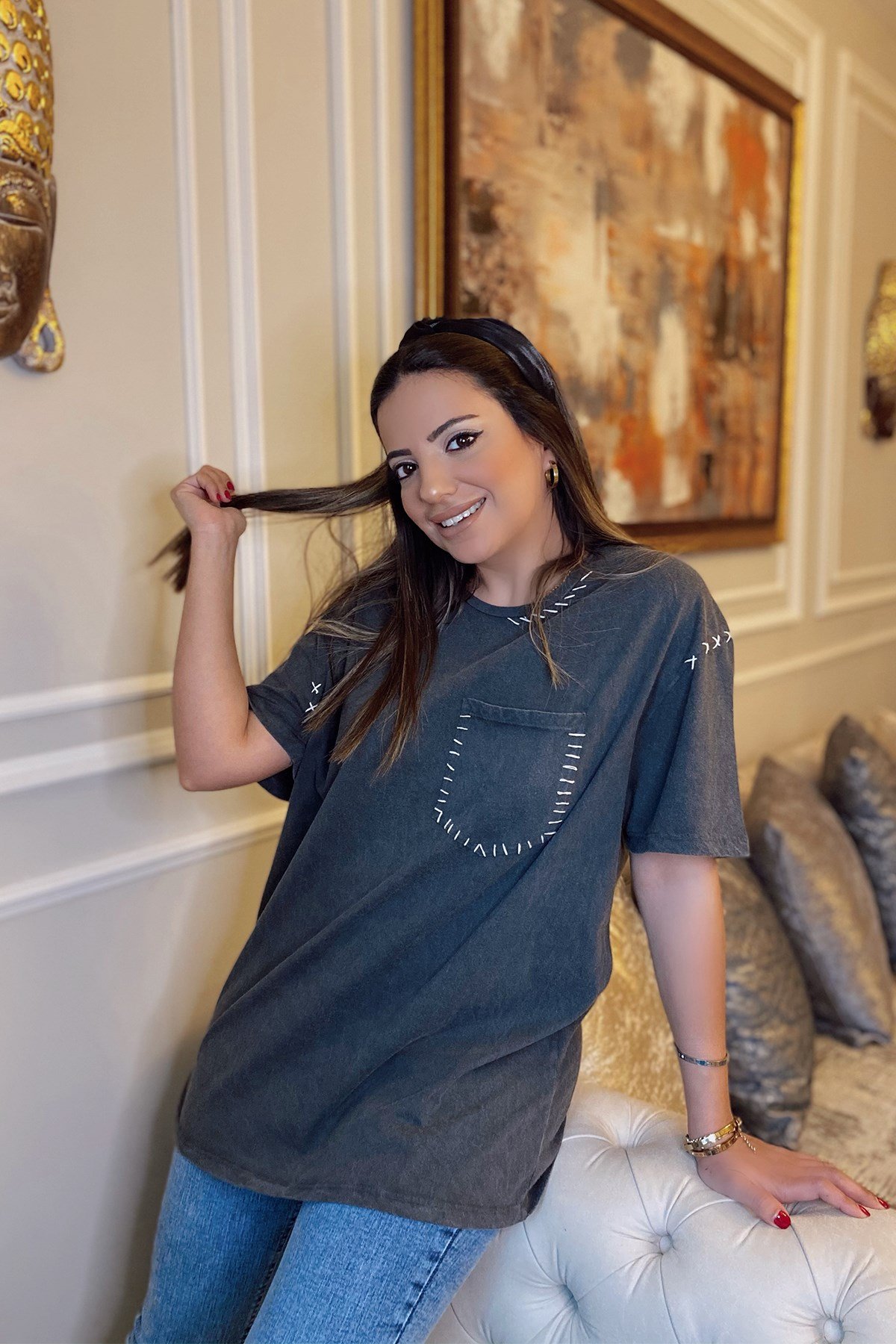 Antrasit Dikiş Detaylı Yıkamalı Tshirt