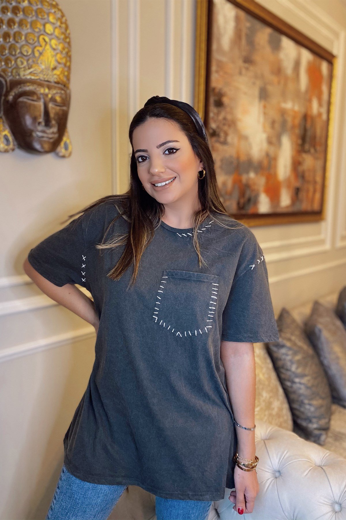 Antrasit Dikiş Detaylı Yıkamalı Tshirt